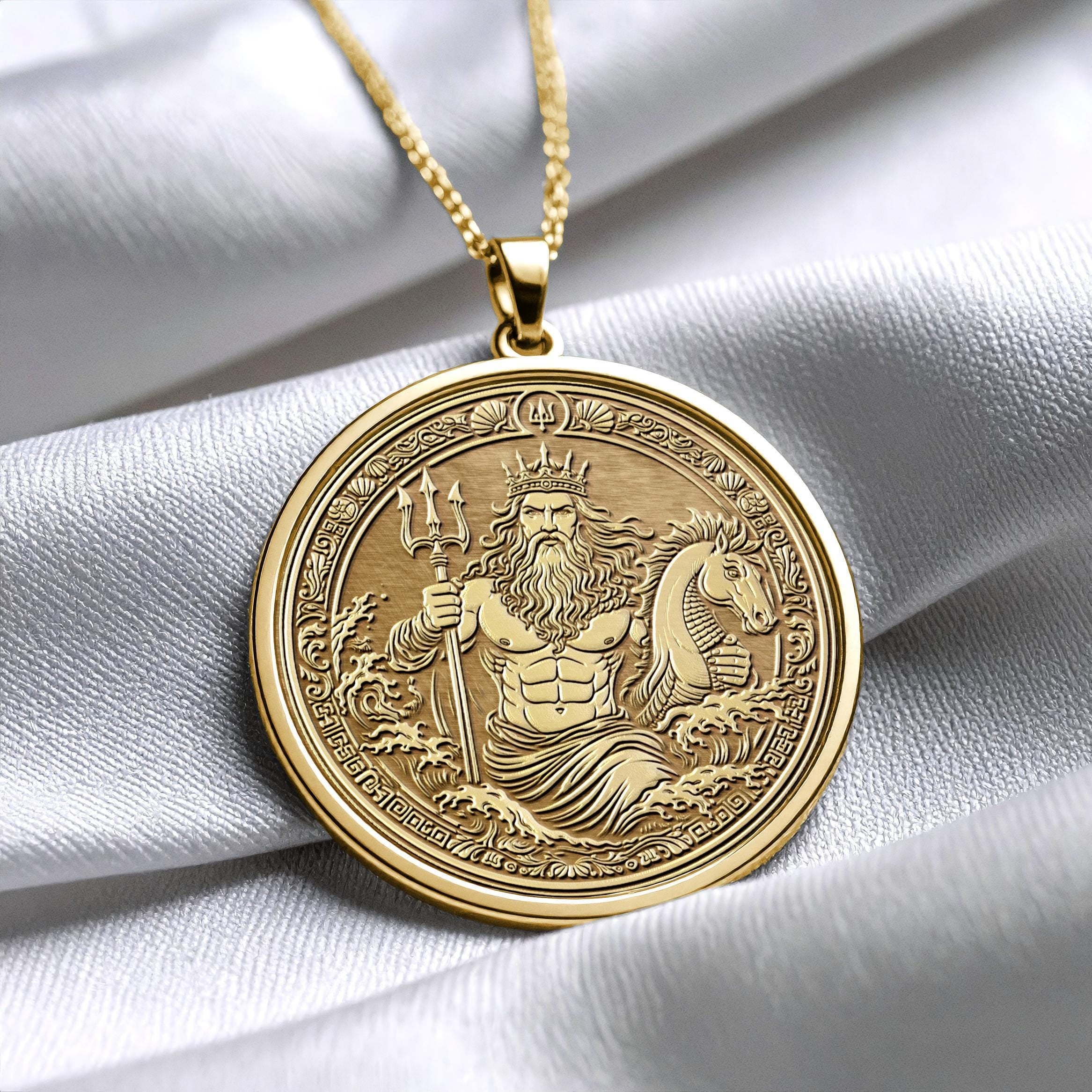 14K Solid Gold Poseidon Medallion Necklace: Greek God Ocean Talisman -59