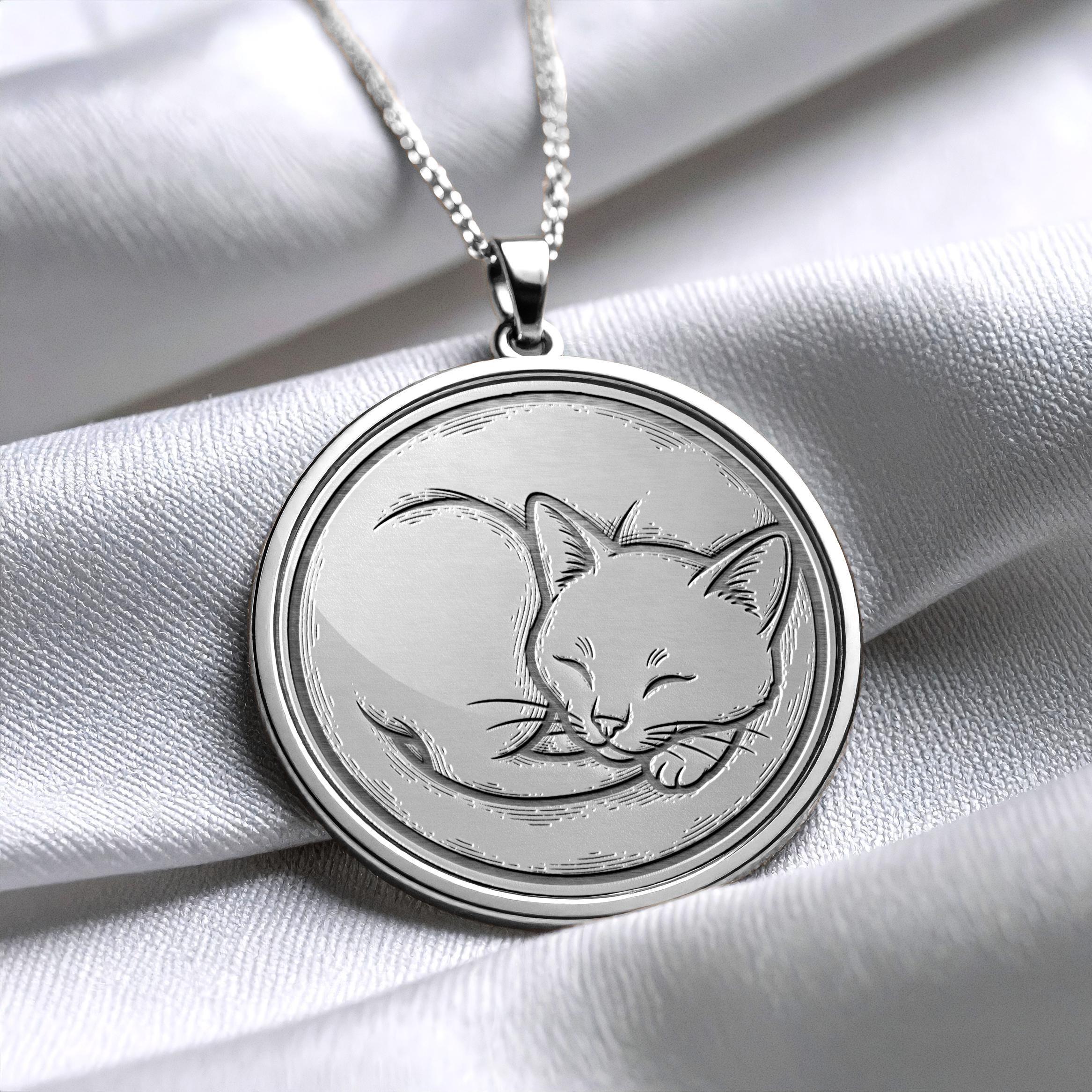 Cat Pendant Necklace, Elegant Feline Medallion, Animal Jewelry Gift for Cat Lovers -189