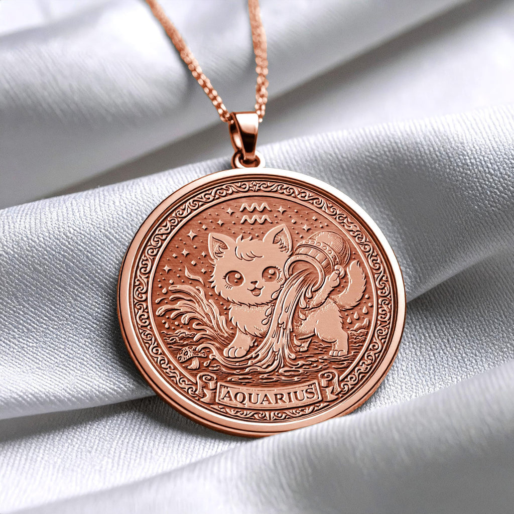 Aquarius Zodiac Cat Pendant Necklace – 14k Gold Plated, Handmade -493