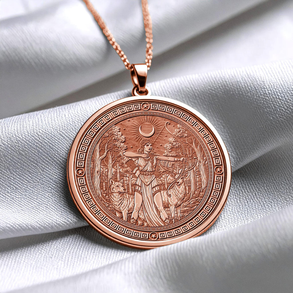 14k Solid Gold Artemis Necklace , Greek Virgin Goddess Pendant -63