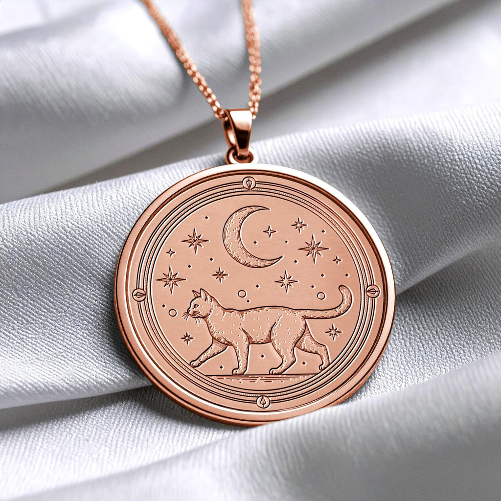 14K Gold Cat Necklace, Handmade Coin Pendant, Animal Jewelry -296