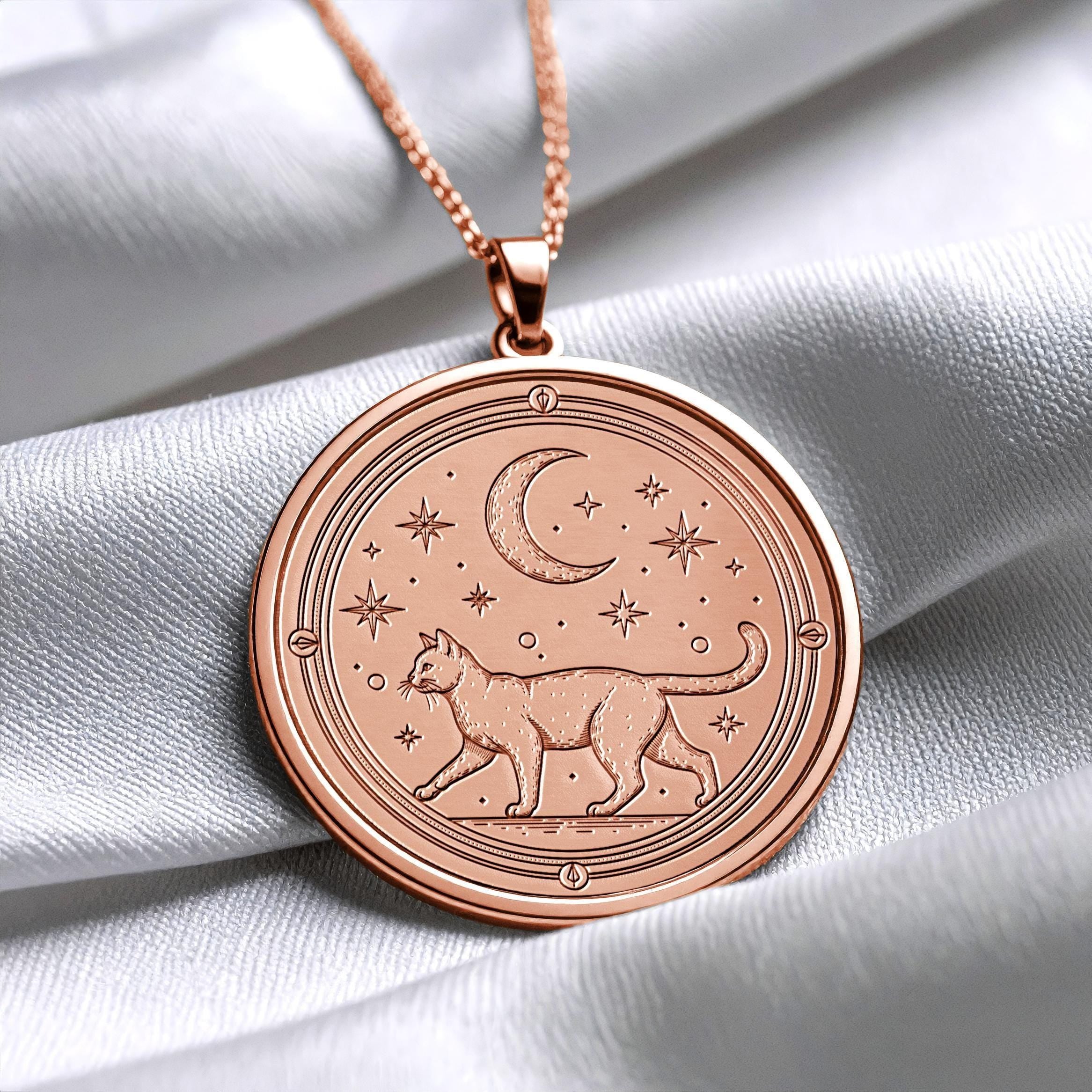 14K Gold Cat Necklace, Handmade Coin Pendant, Animal Jewelry -296
