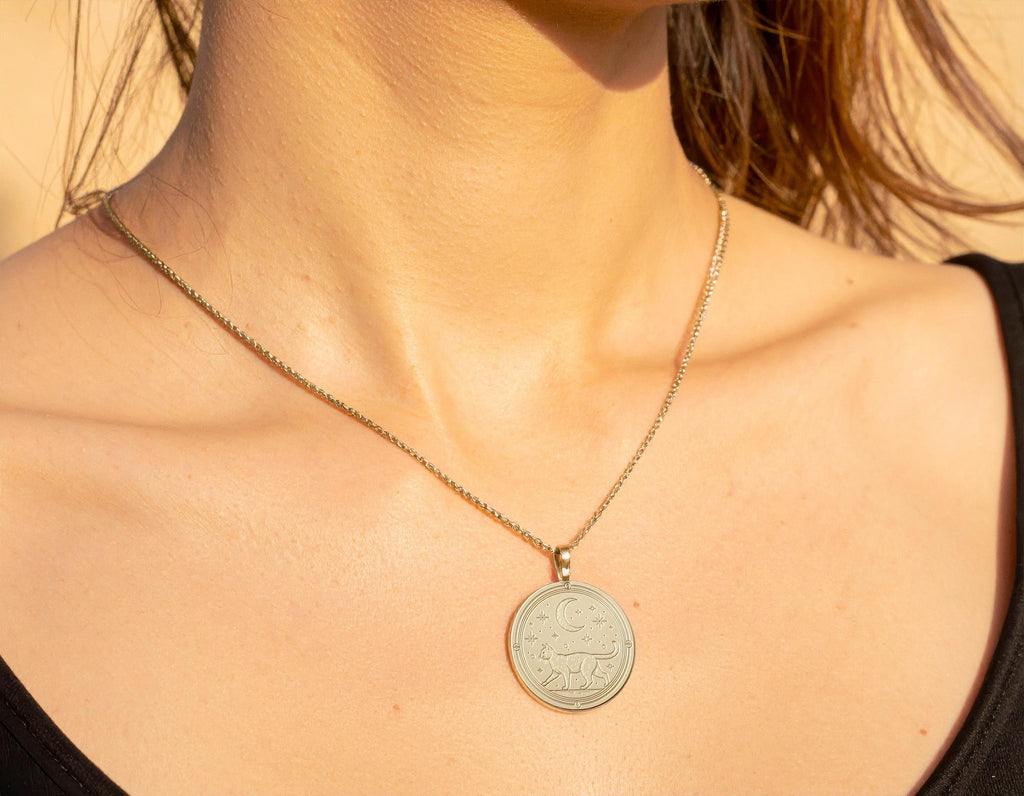 14K Gold Cat Necklace, Handmade Coin Pendant, Animal Jewelry -296