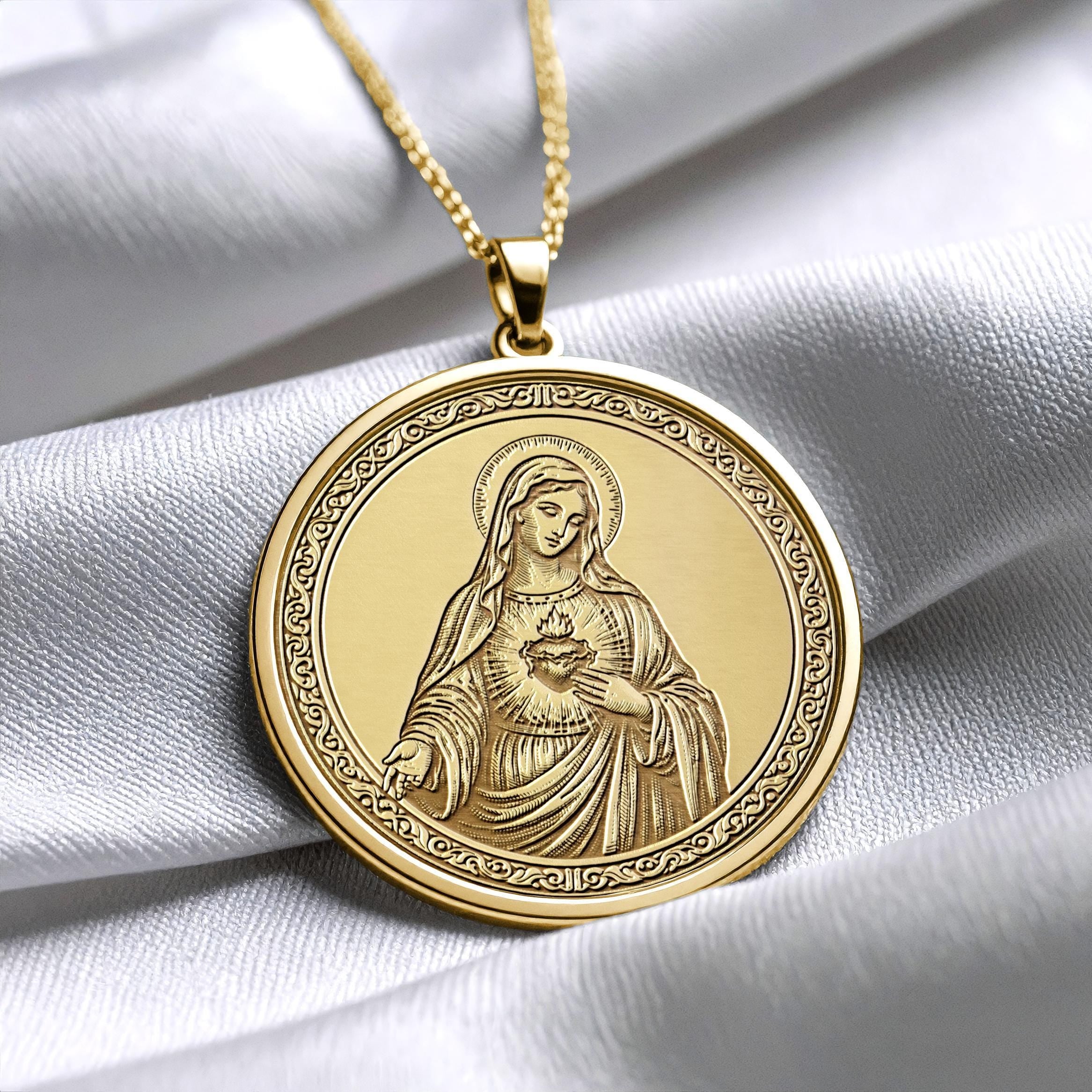 14K Gold Virgin Mary Medallion Necklace: Mother Mary Pendant - 103