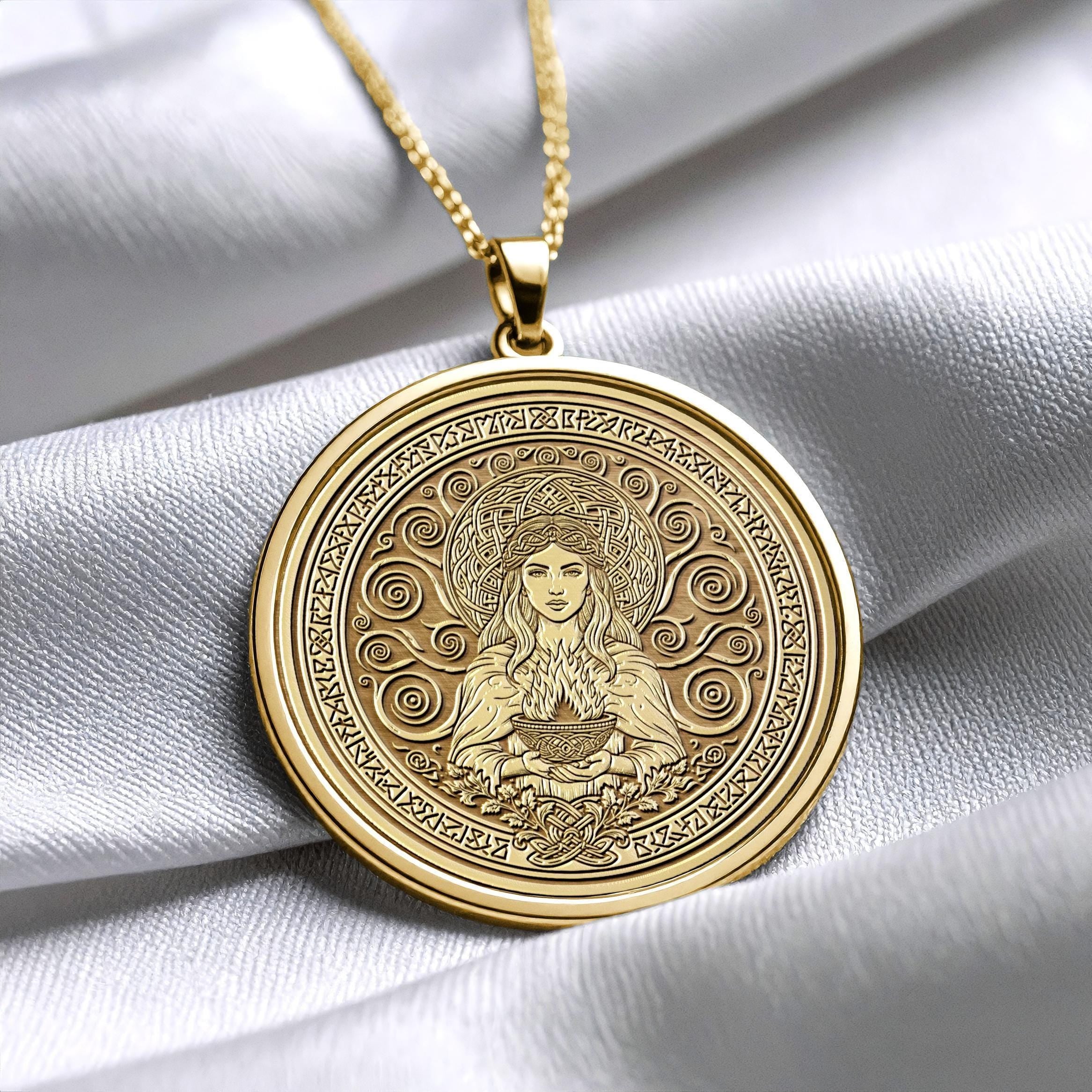 Celtic Goddess Brighid Necklace , Inspiration and Healing Medallion , Sacred Fire Pendant -289