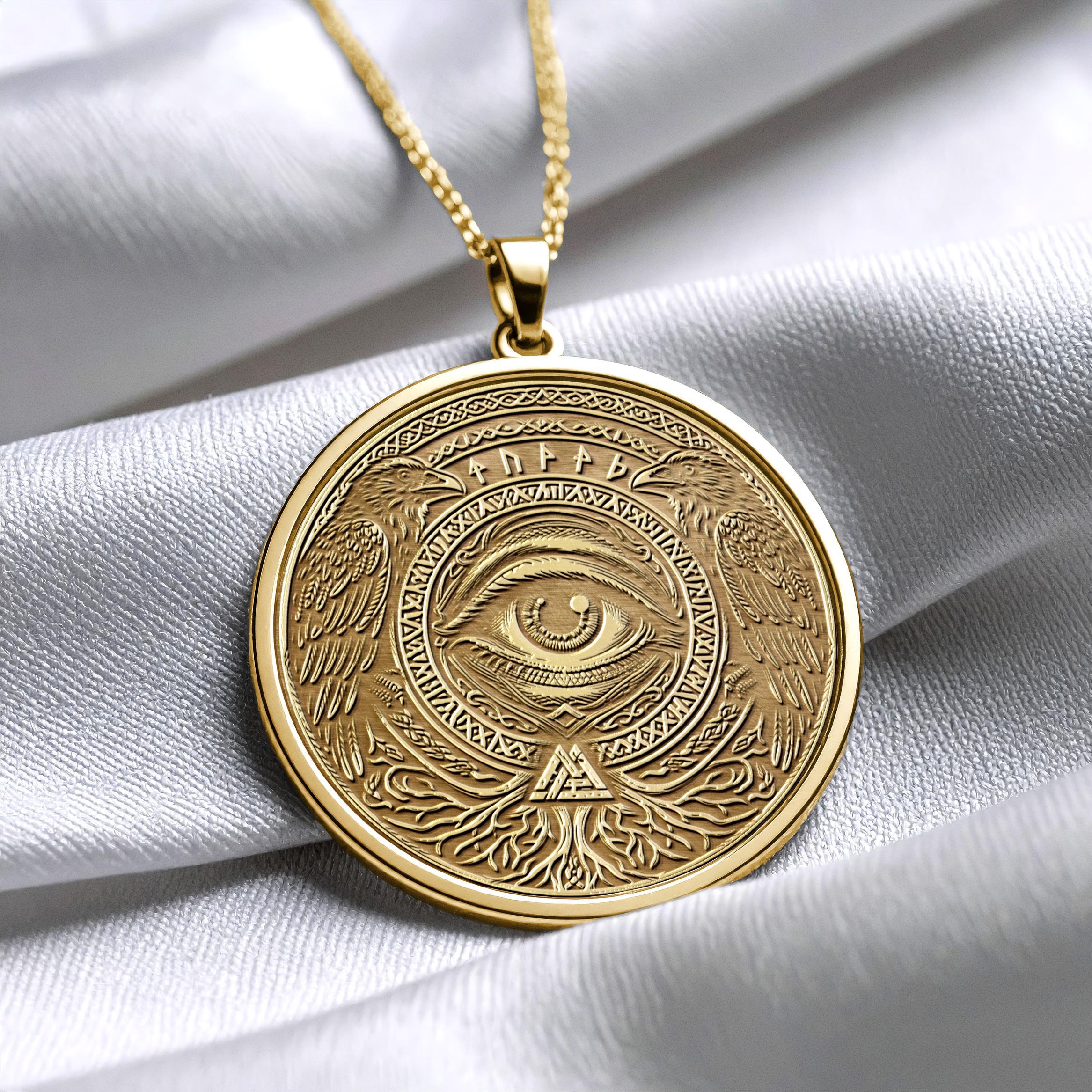 14K Gold Odin Eye Medallion: Norse Viking Amulet Pendant -113