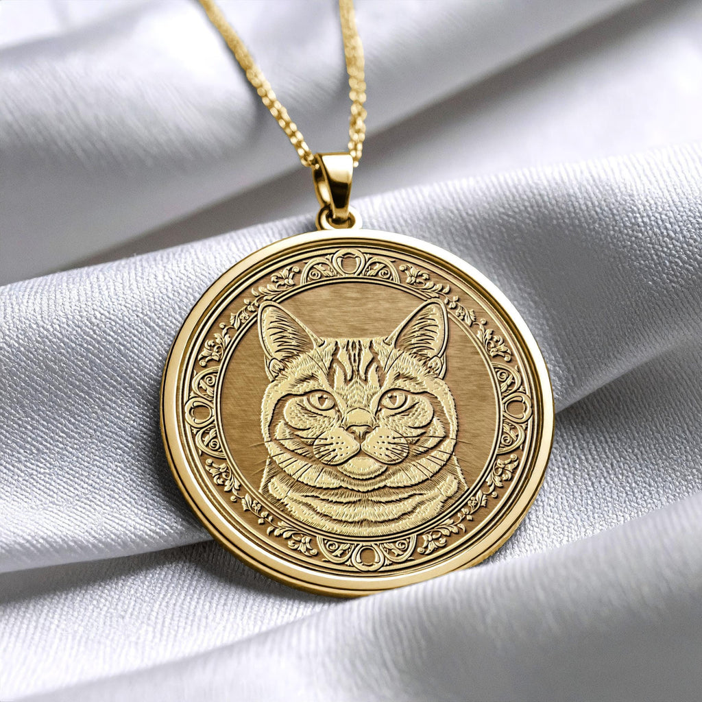 14K Gold British Shorthair Cat Necklace, Handmade Round Cat Coin Pendant -190