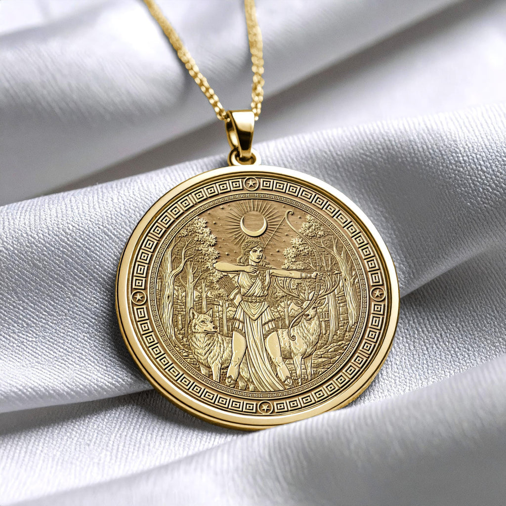 14k Solid Gold Artemis Necklace , Greek Virgin Goddess Pendant -63