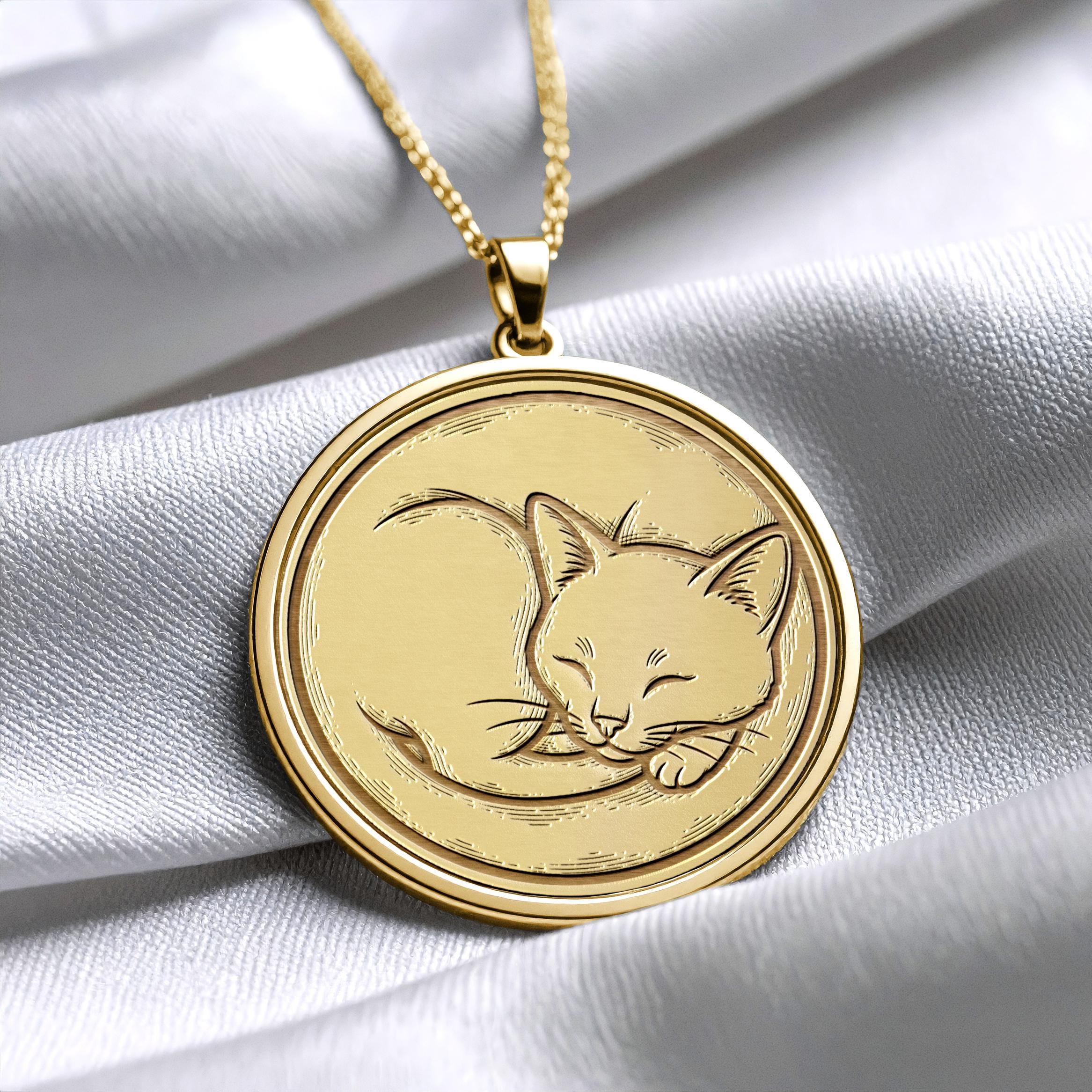 Cat Pendant Necklace, Elegant Feline Medallion, Animal Jewelry Gift for Cat Lovers -189