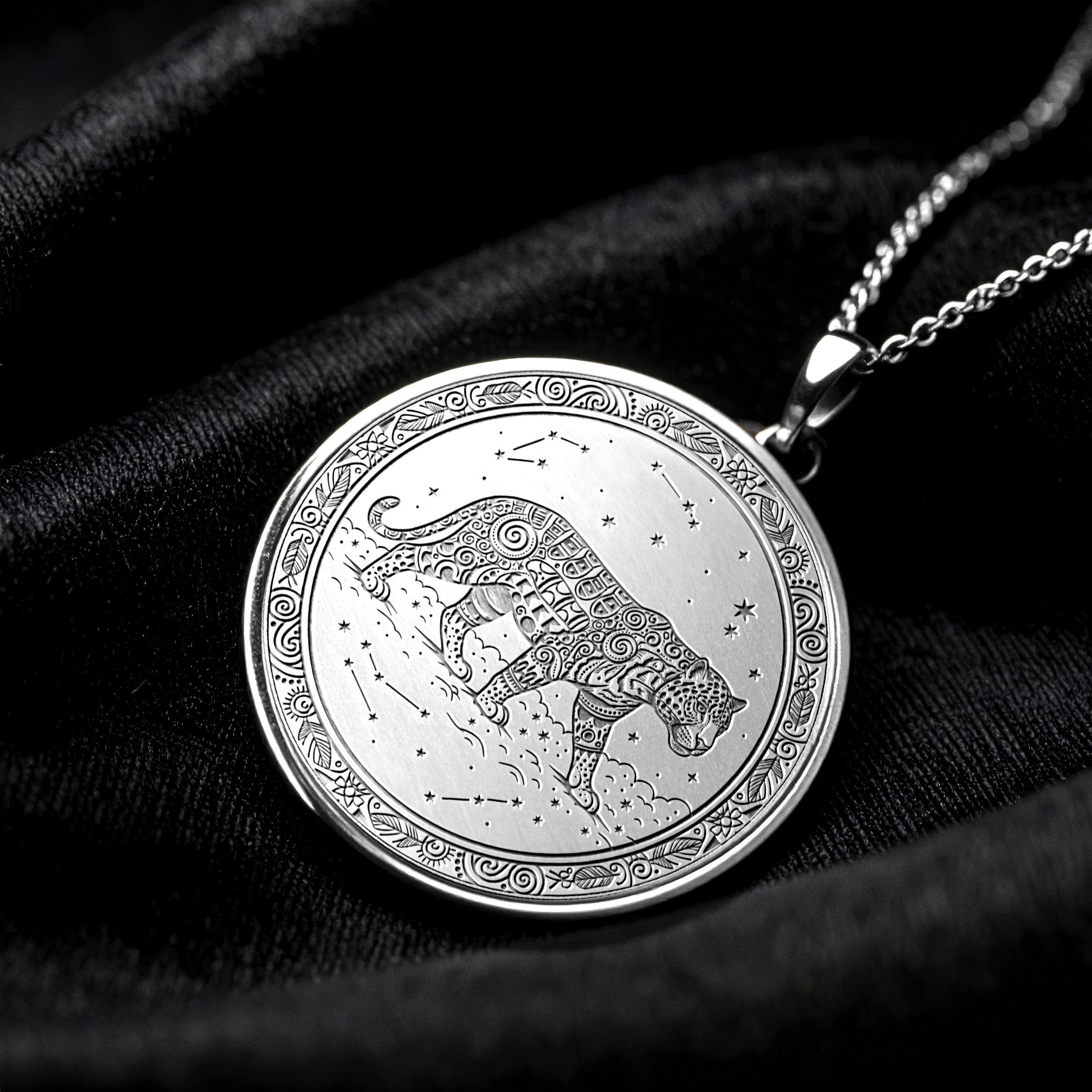 14K Gold Cosmic Jaguar Pendant: Celestial Spirit Necklace -286