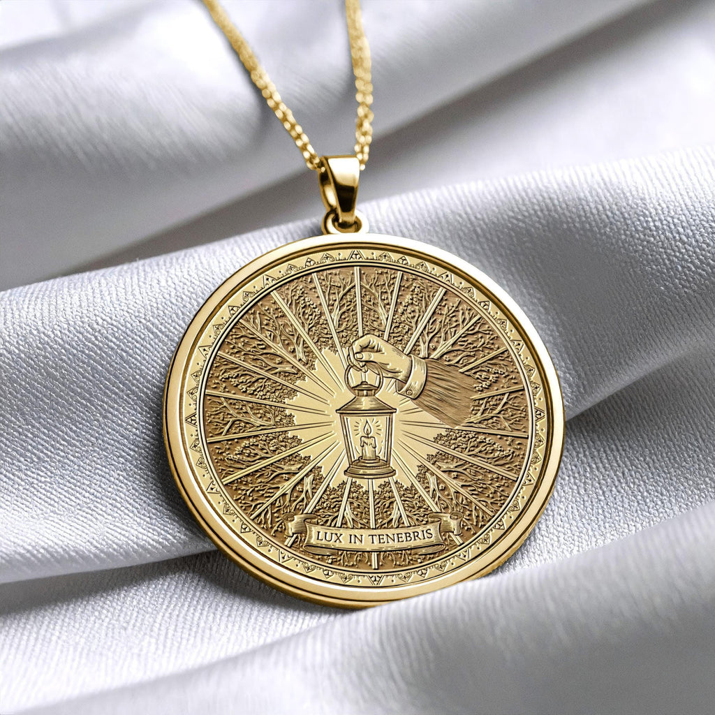 14k Solid Gold Lux in Tenebris Pendant, Stoic Latin Motto Jewelry -240