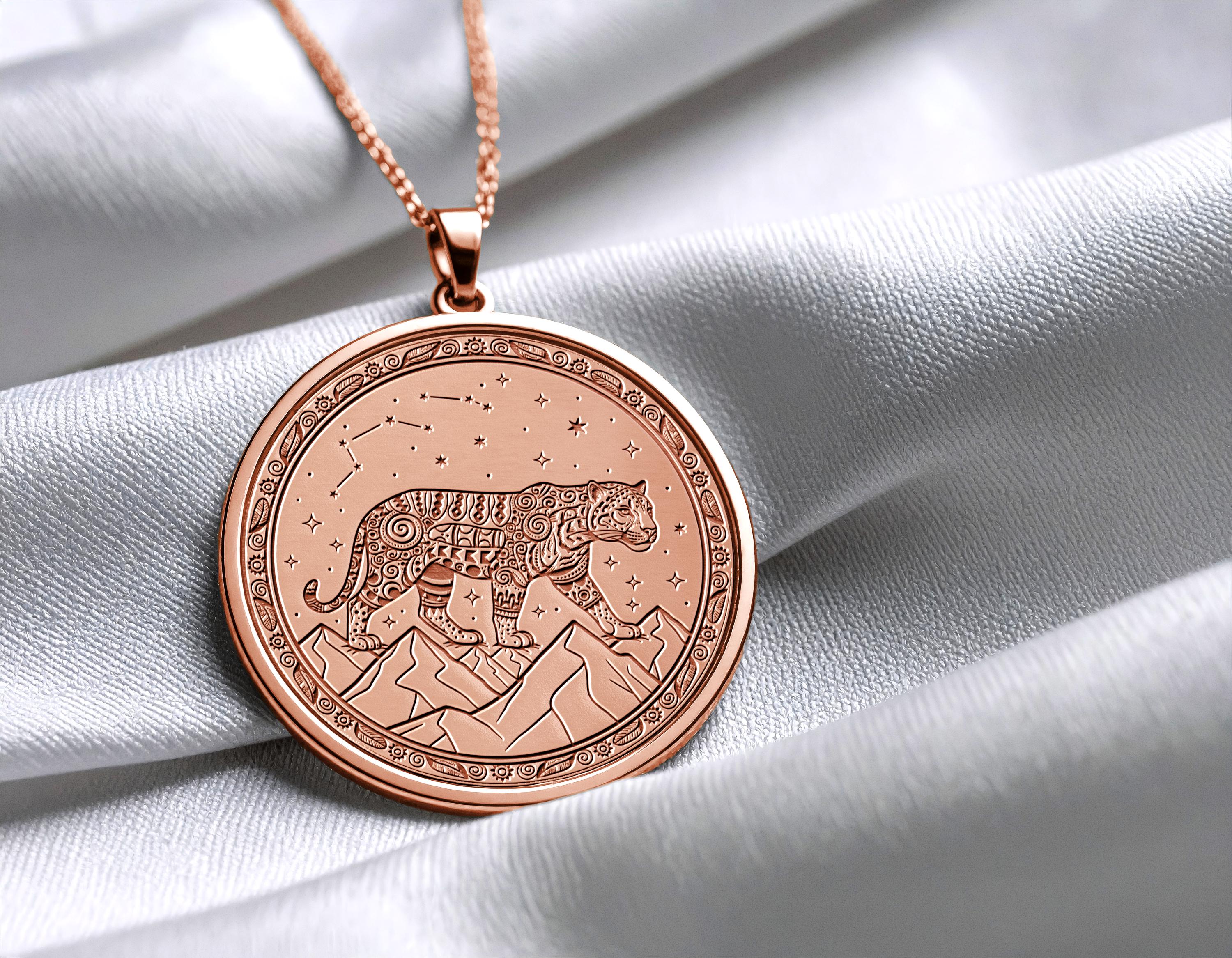 Aztec Jaguar Coin Pendant – Sterling Silver or Gold Totem Necklace -216