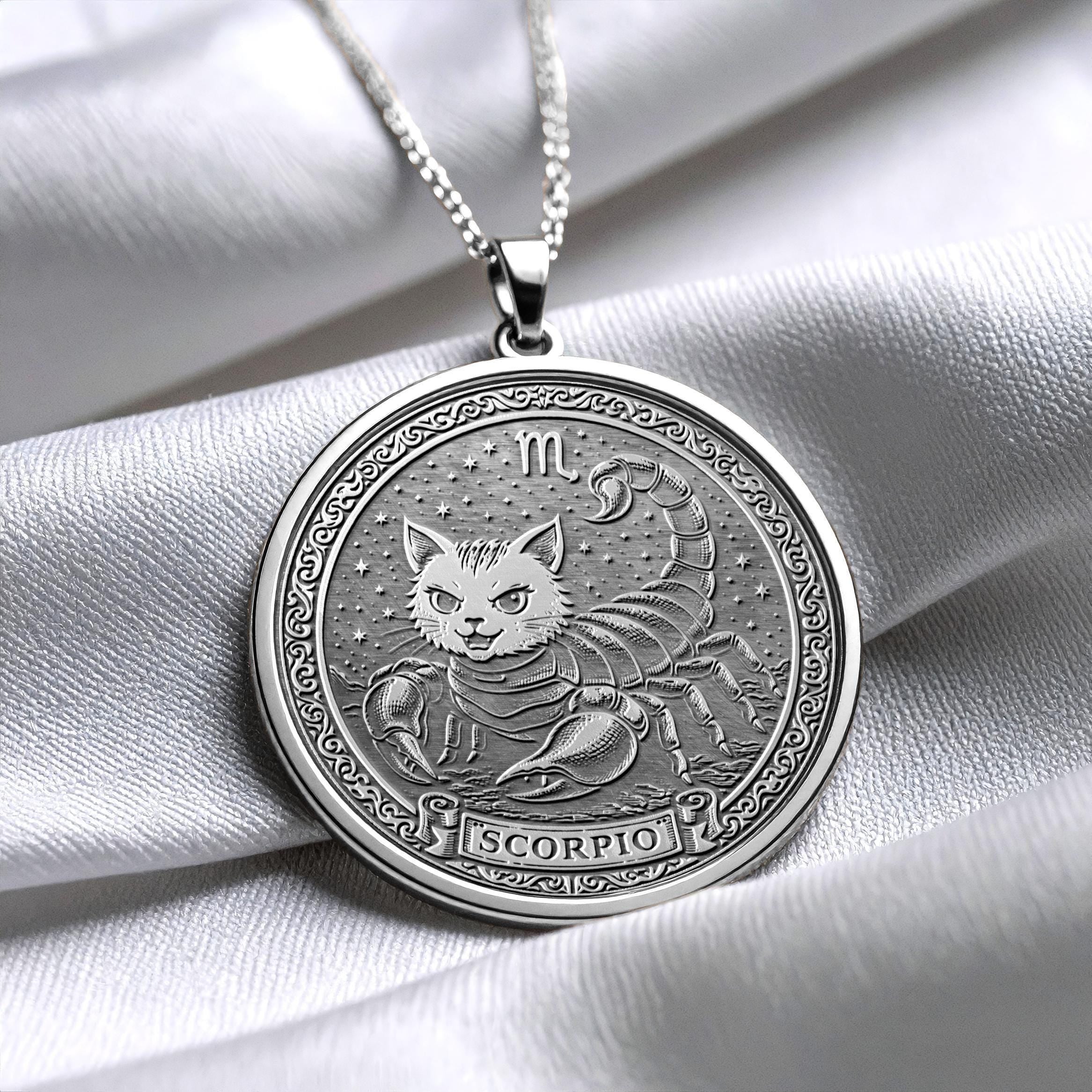 Cat Scorpio Zodiac Pendant – Sterling Silver Necklace -486