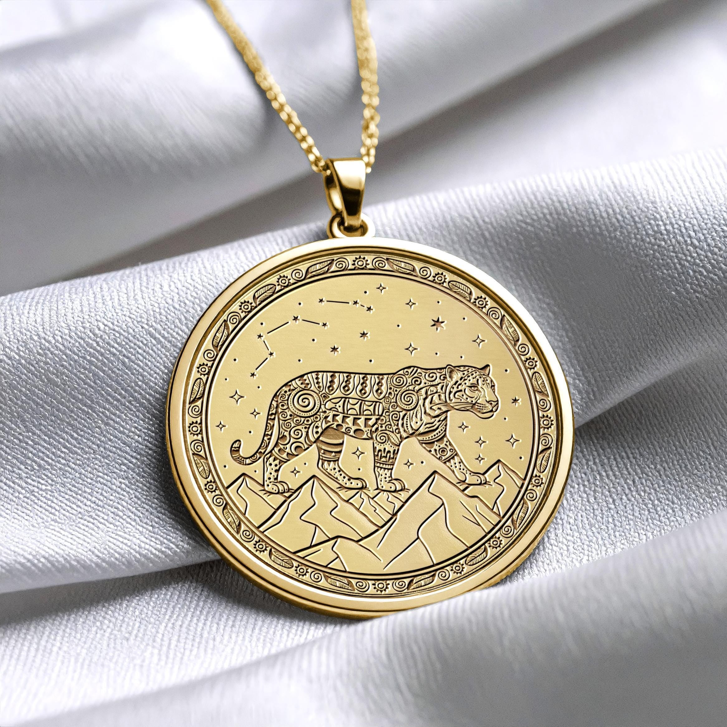 Aztec Jaguar Coin Pendant – Sterling Silver or Gold Totem Necklace -216