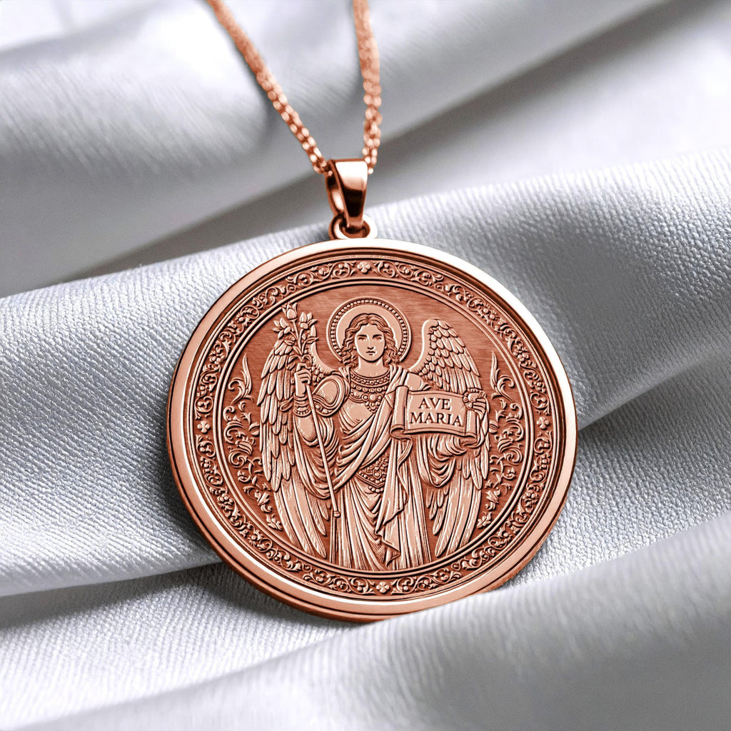 14k Solid Gold Gabriel Necklace, Silver Archangel Medallion , Guardian Jewelry -83