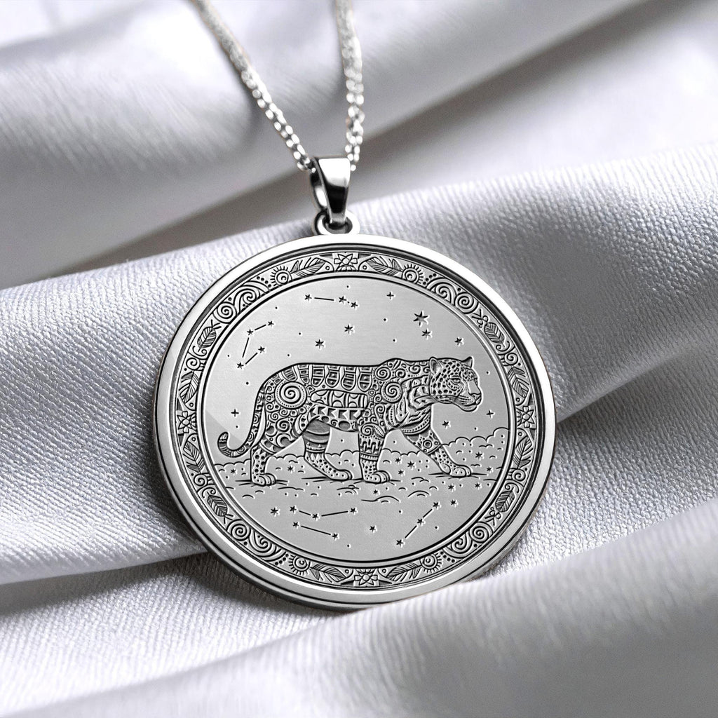 14K Gold Cosmic Jaguar Pendant: Celestial Spirit Necklace -286