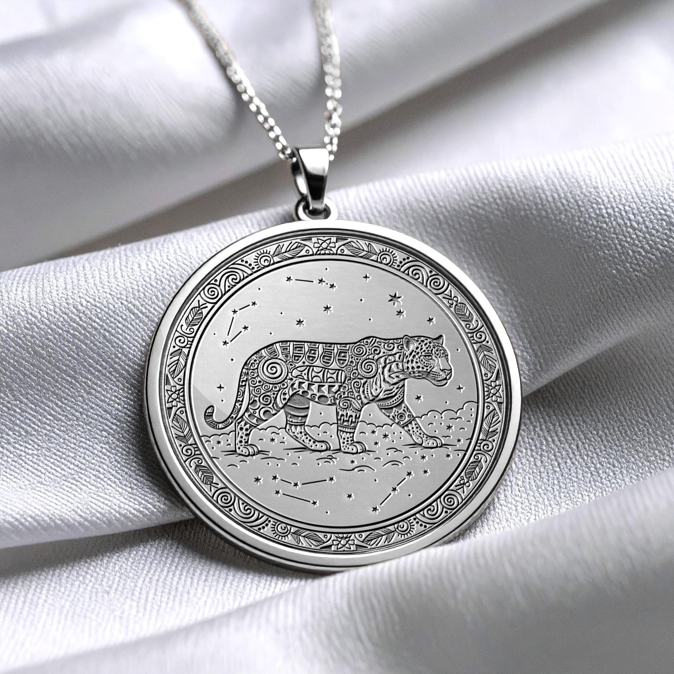 14K Gold Cosmic Jaguar Pendant: Celestial Spirit Necklace -286