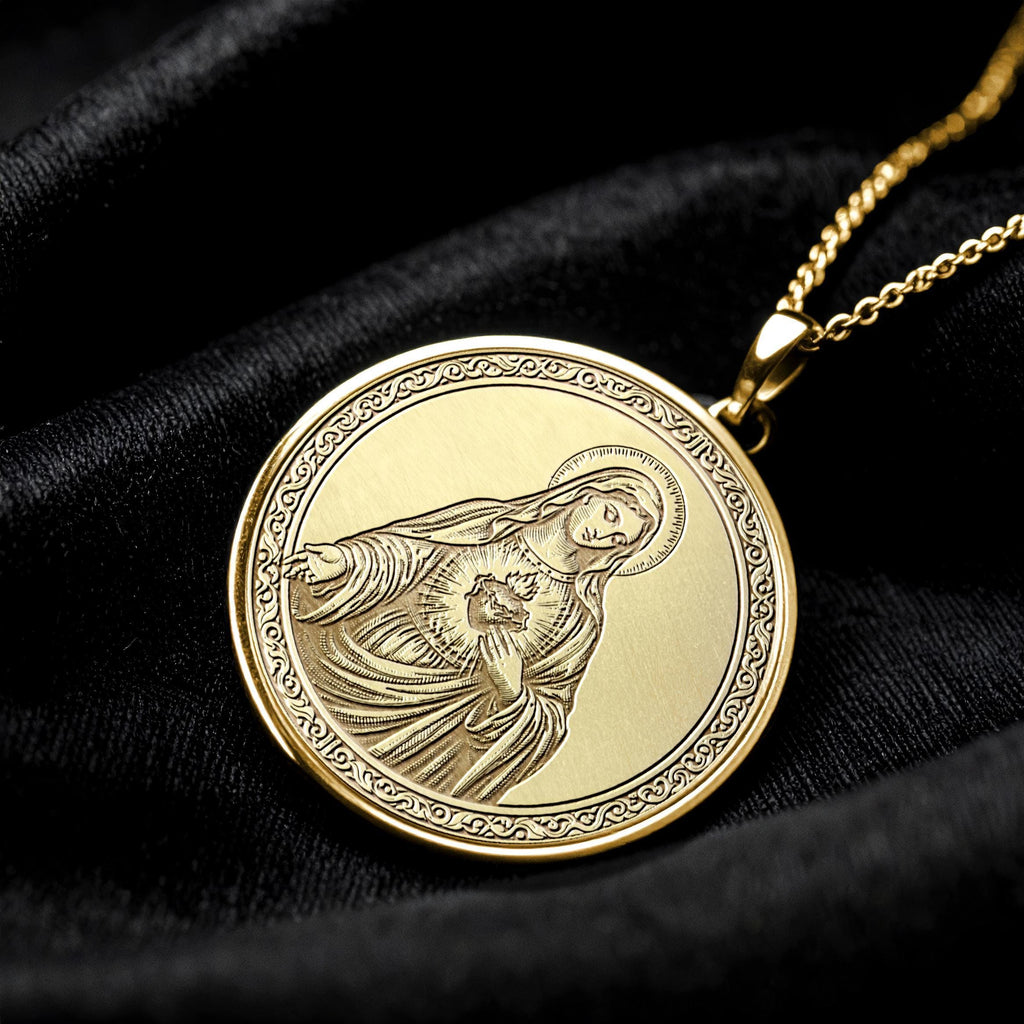 14K Gold Virgin Mary Medallion Necklace: Mother Mary Pendant - 103