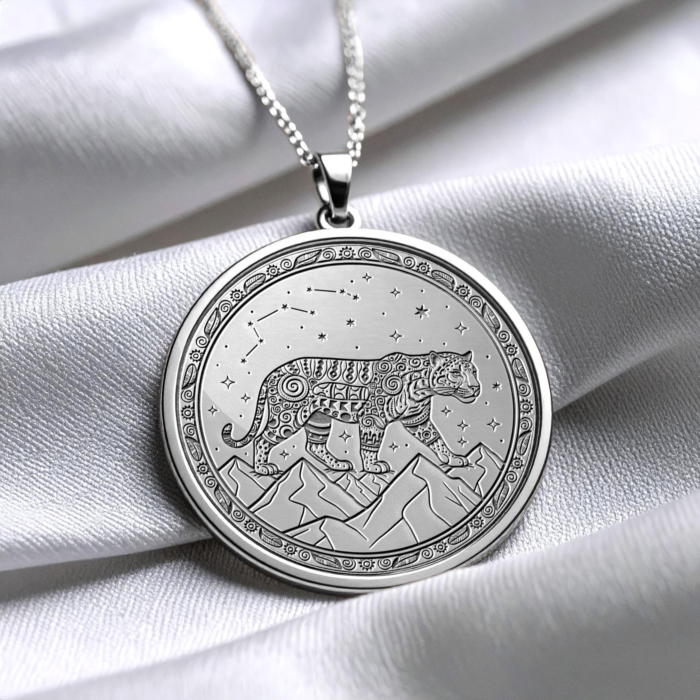 Aztec Jaguar Coin Pendant – Sterling Silver or Gold Totem Necklace -216