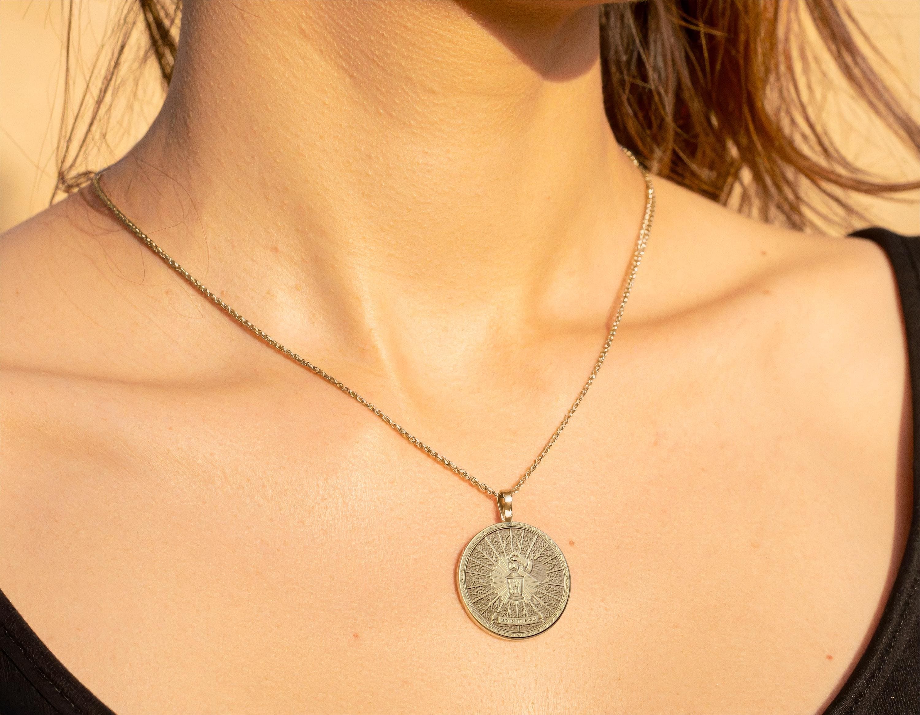 14k Solid Gold Lux in Tenebris Pendant, Stoic Latin Motto Jewelry -240