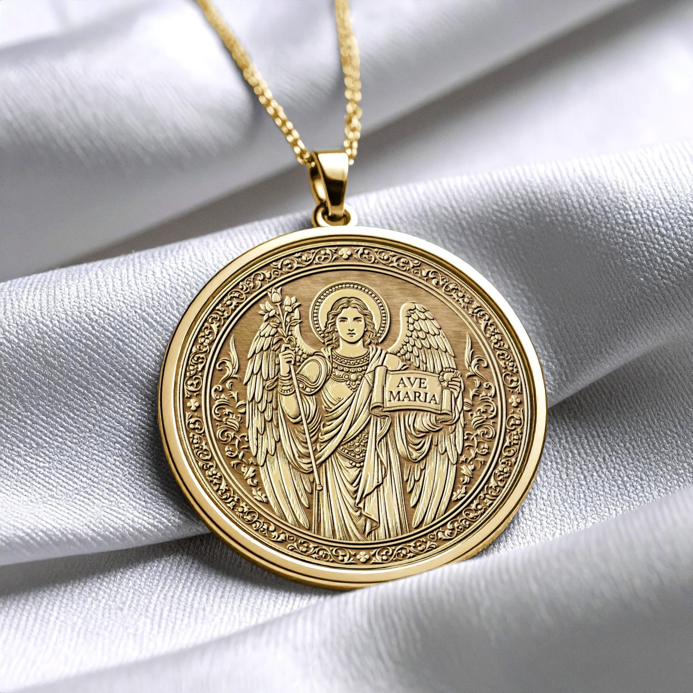 14k Solid Gold Gabriel Necklace, Silver Archangel Medallion , Guardian Jewelry -83
