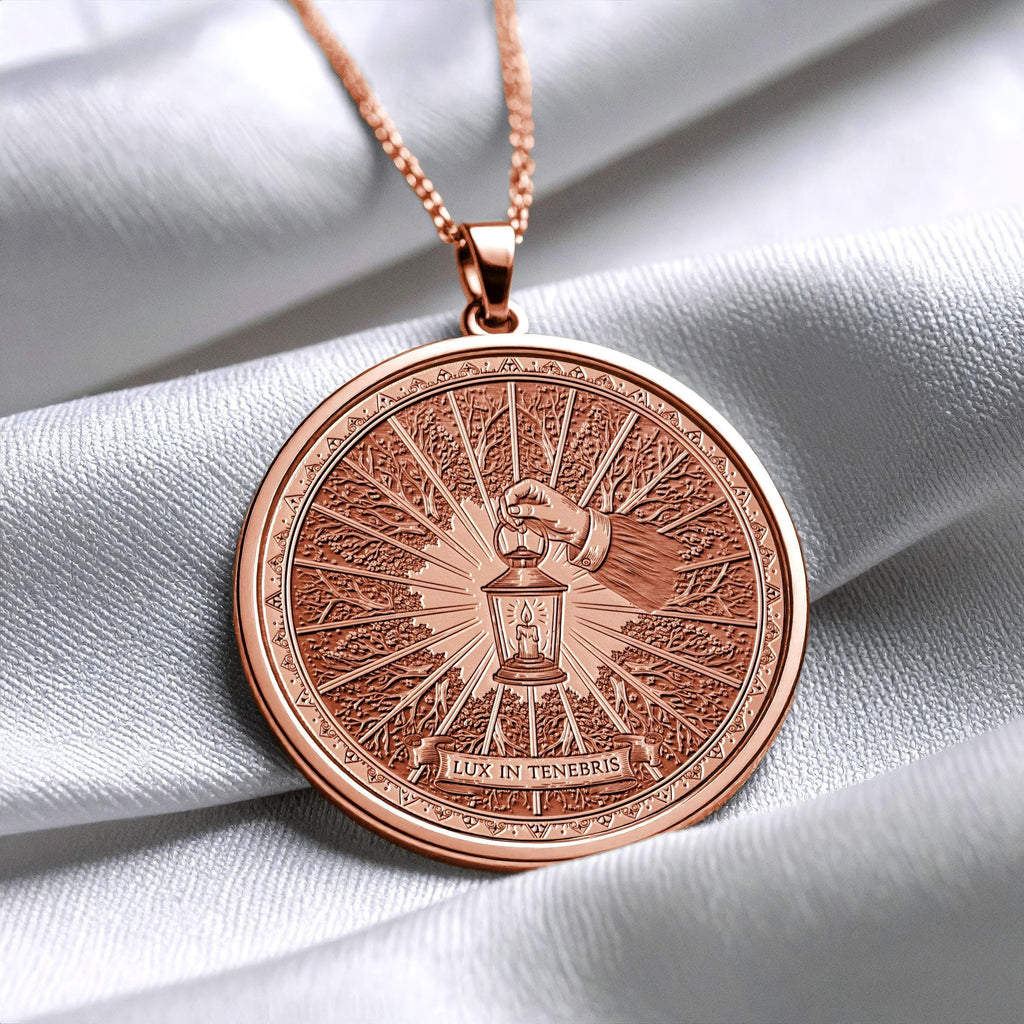 14k Solid Gold Lux in Tenebris Pendant, Stoic Latin Motto Jewelry -240