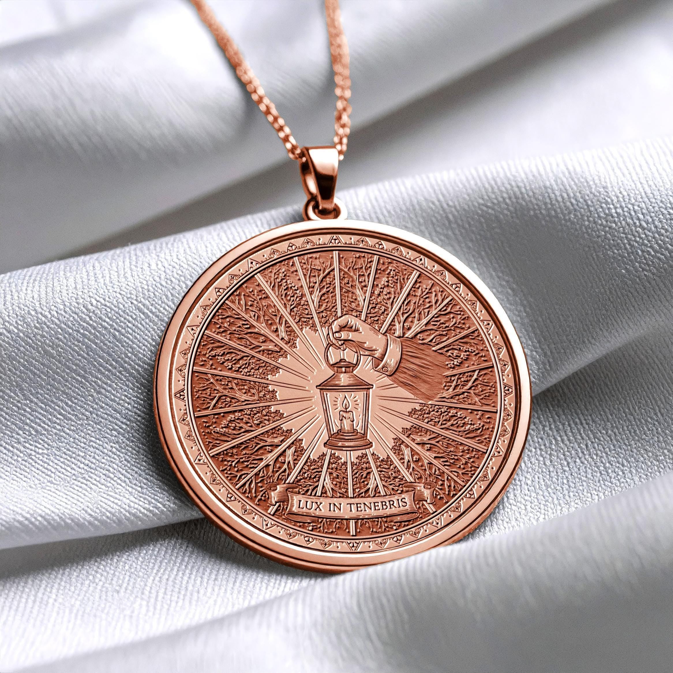 14k Solid Gold Lux in Tenebris Pendant, Stoic Latin Motto Jewelry -240