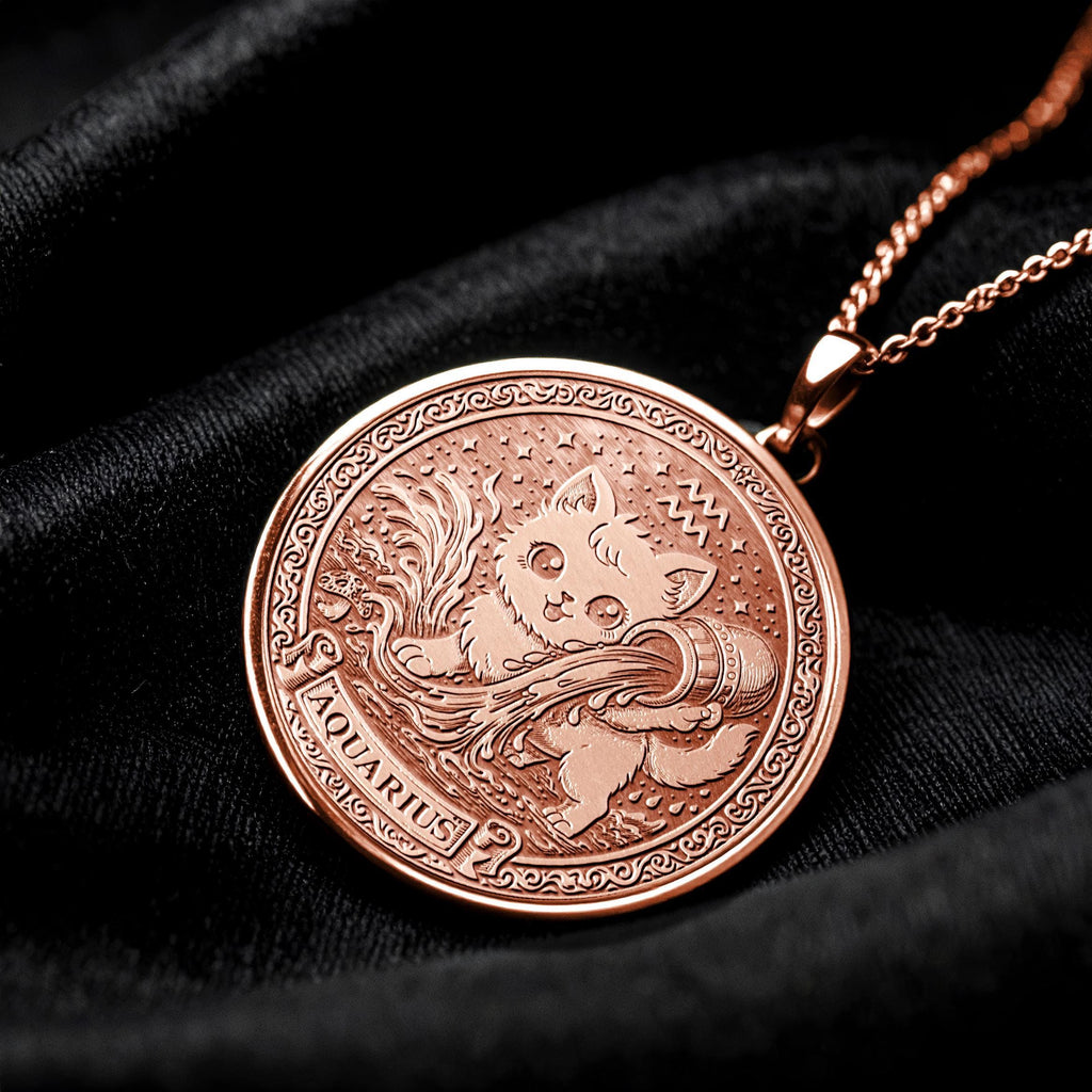 Aquarius Zodiac Cat Pendant Necklace – 14k Gold Plated, Handmade -493