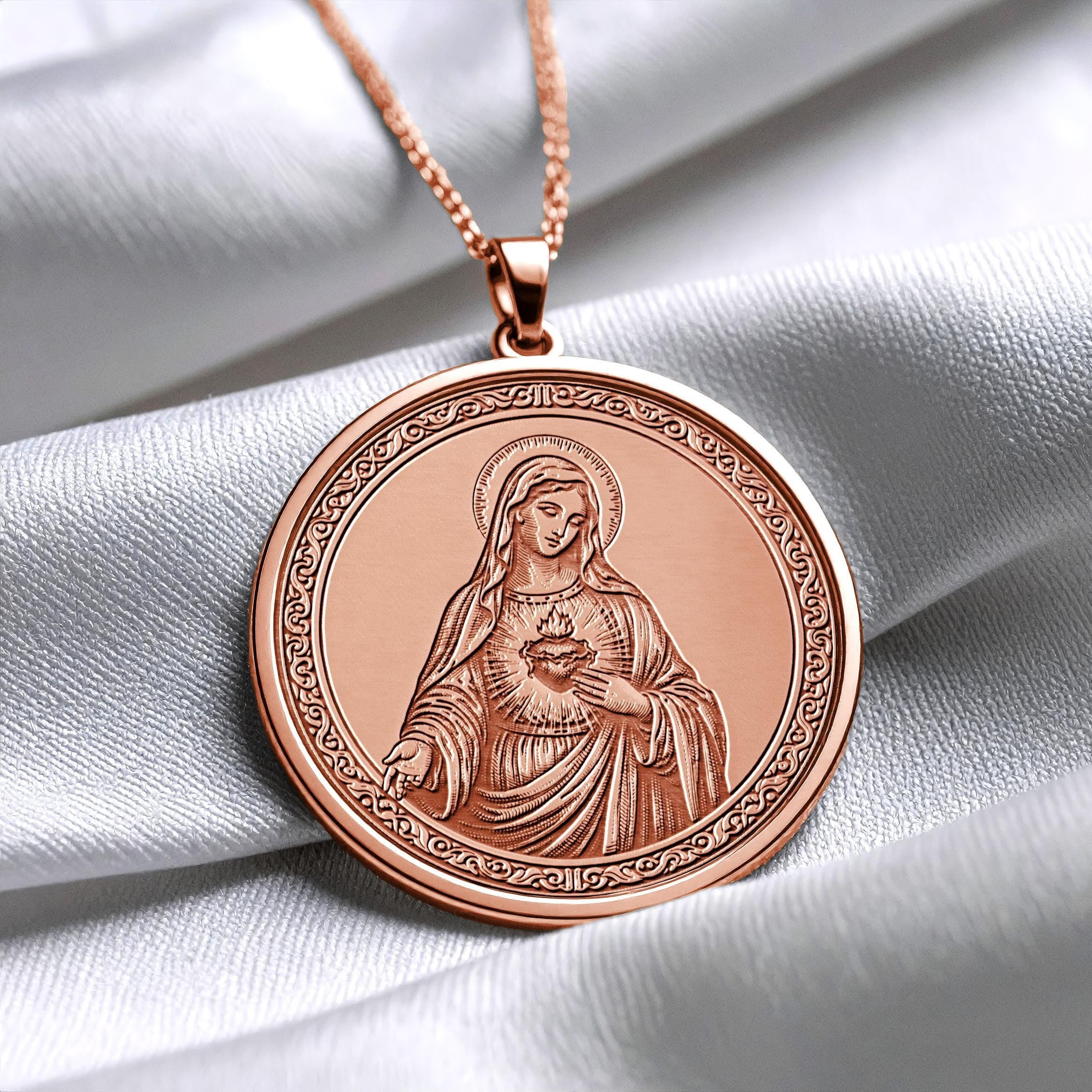 14K Gold Virgin Mary Medallion Necklace: Mother Mary Pendant - 103