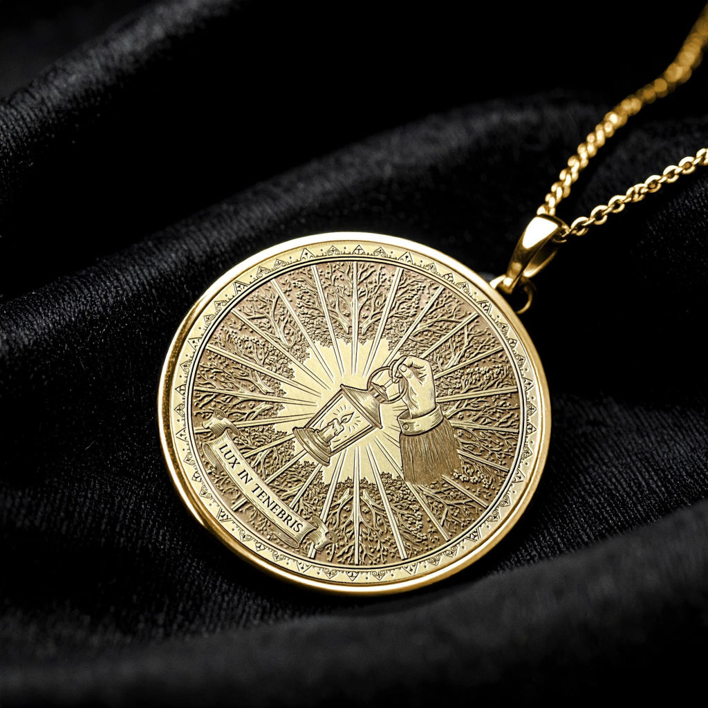 14k Solid Gold Lux in Tenebris Pendant, Stoic Latin Motto Jewelry -240