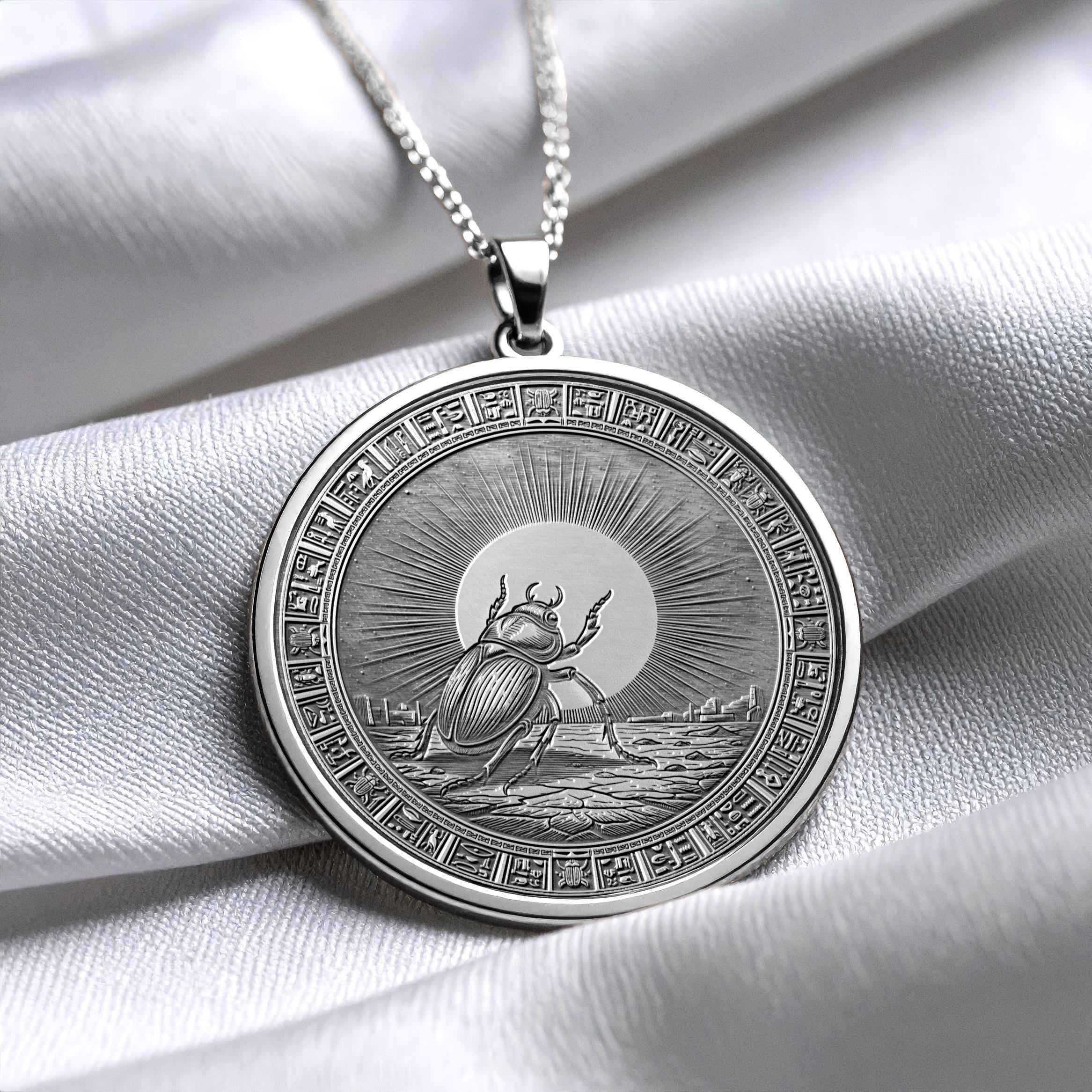 Ancient Egyptian Khepri Necklace : Silver Rebirth Medallion -39