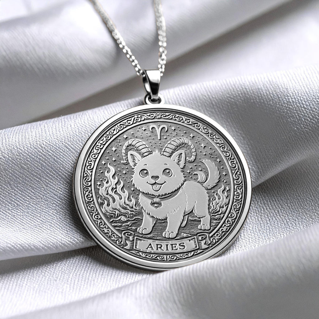 Aries Zodiac Pendant – Fire Sign Necklace with Dog -495