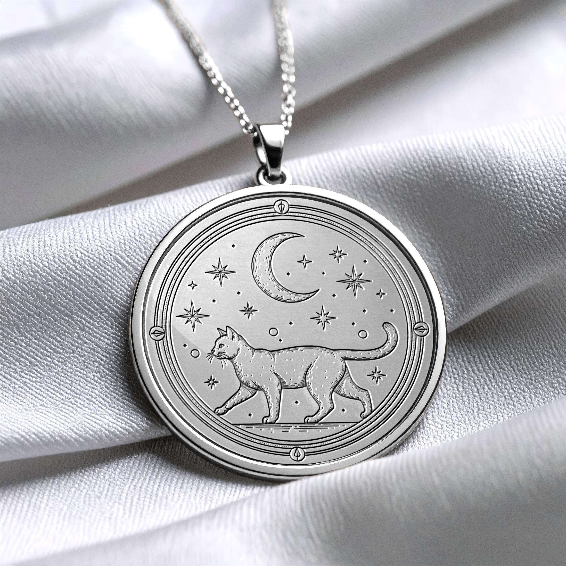 14K Gold Cat Necklace, Handmade Coin Pendant, Animal Jewelry -296