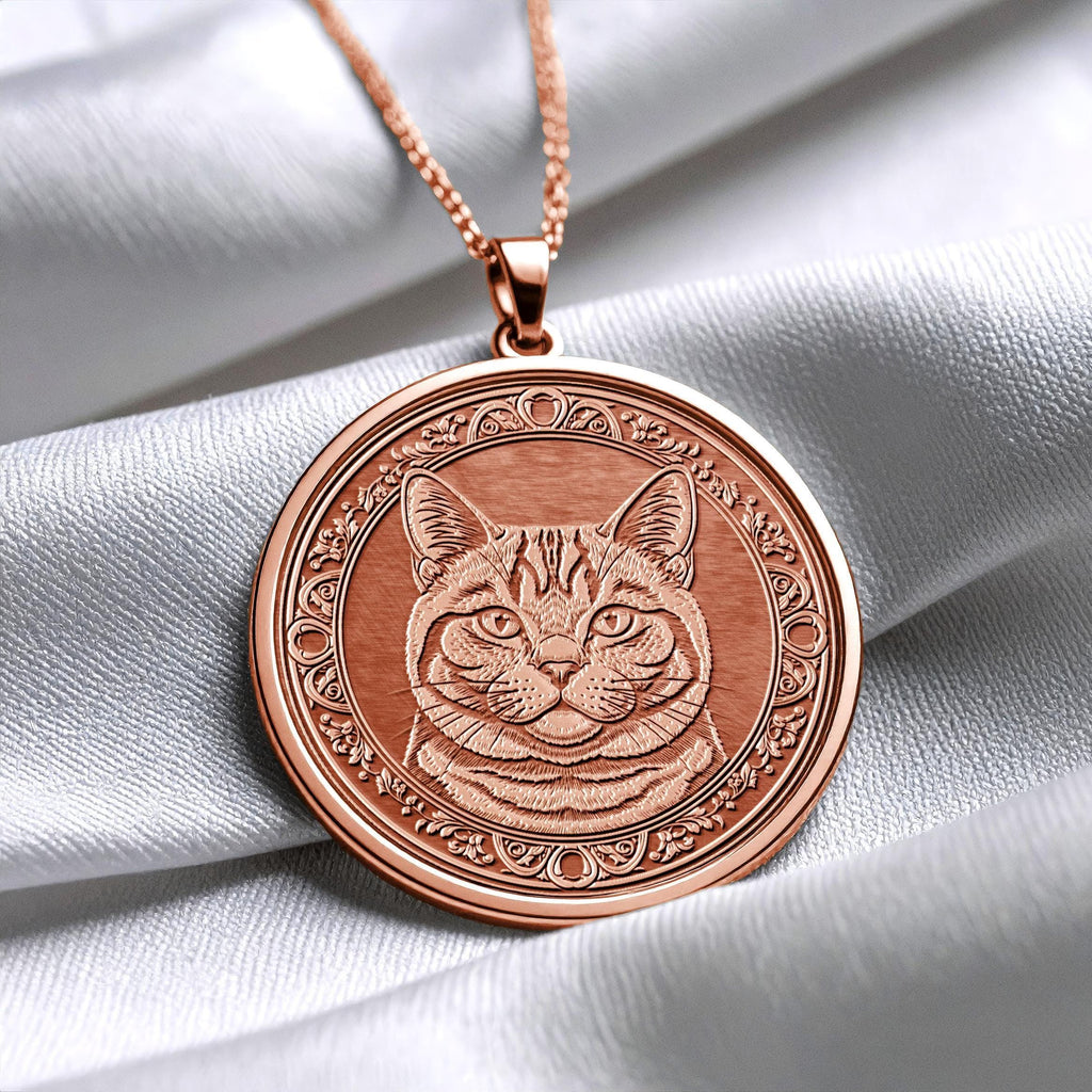 14K Gold British Shorthair Cat Necklace, Handmade Round Cat Coin Pendant -190