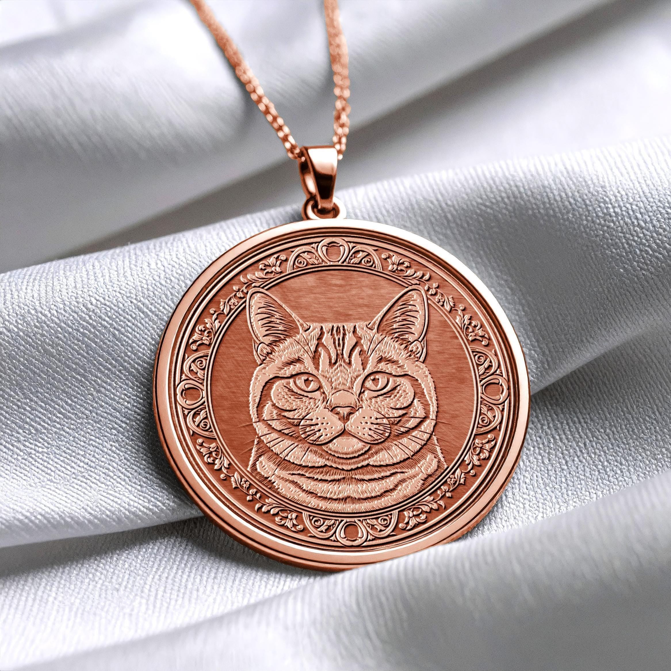 14K Gold British Shorthair Cat Necklace, Handmade Round Cat Coin Pendant -190