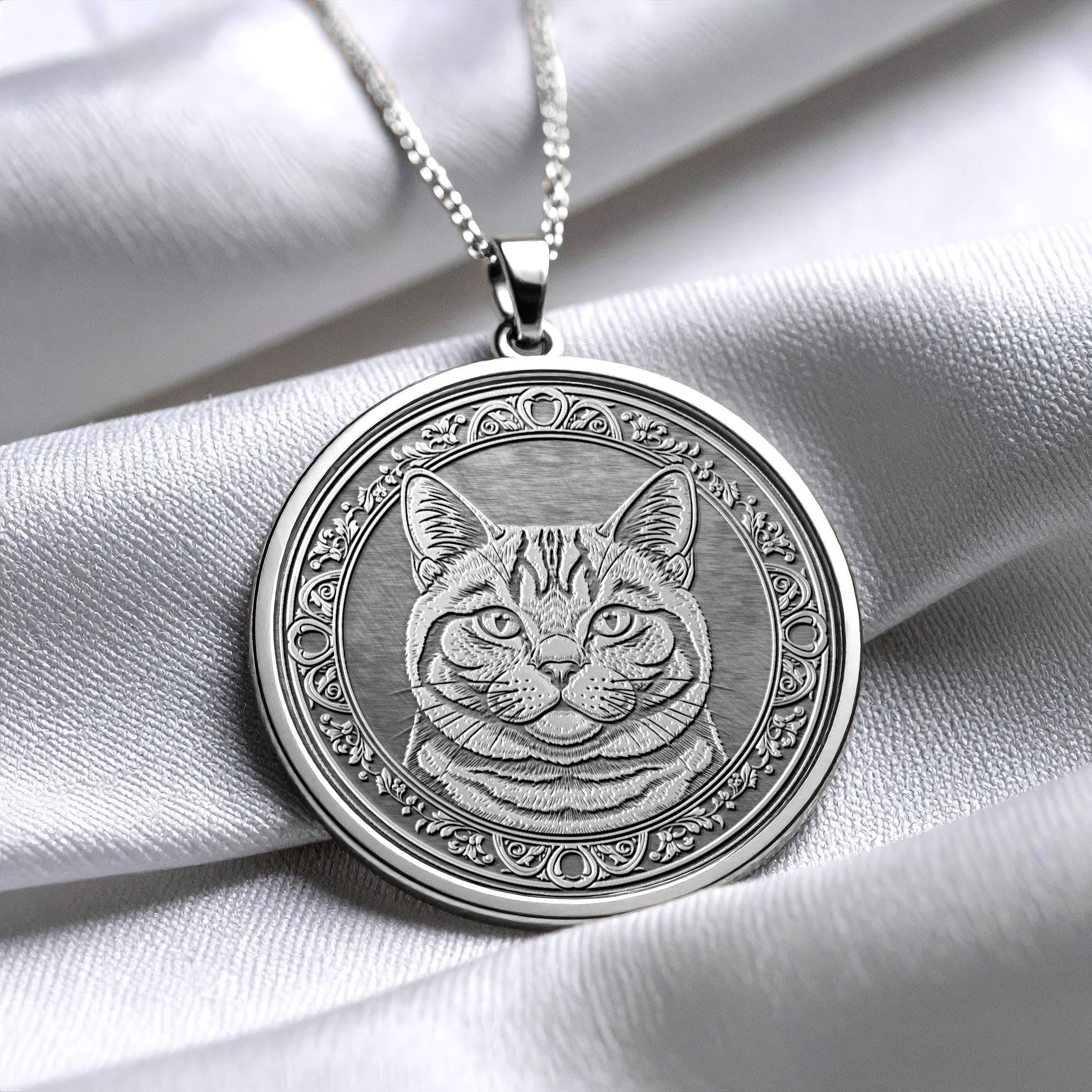 14K Gold British Shorthair Cat Necklace, Handmade Round Cat Coin Pendant -190