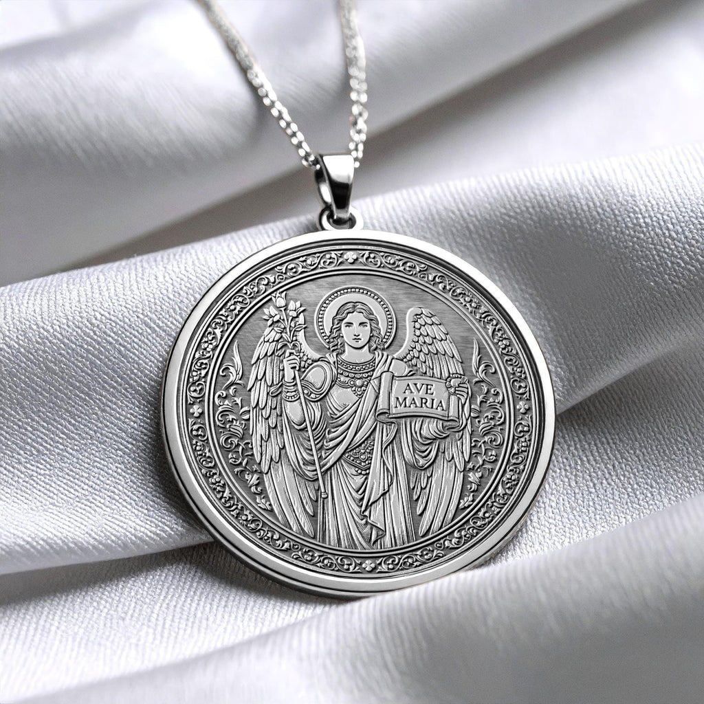14k Solid Gold Gabriel Necklace, Silver Archangel Medallion , Guardian Jewelry -83