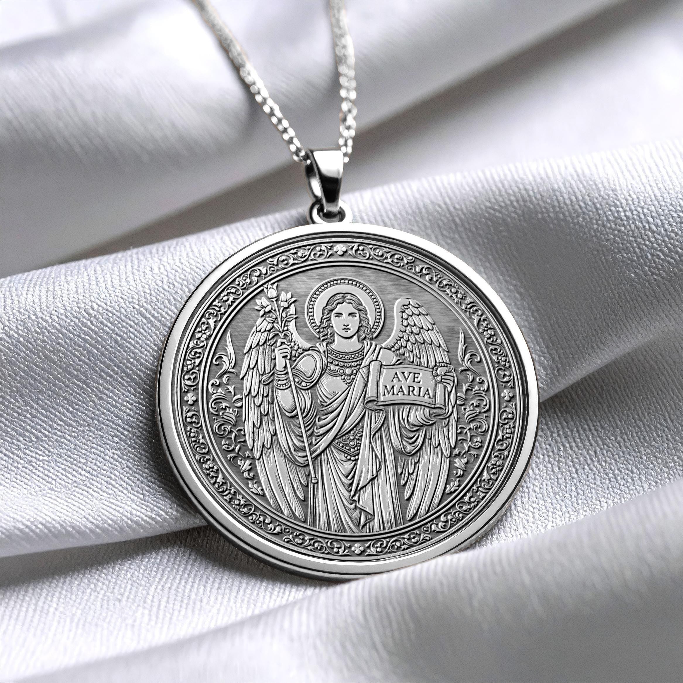14k Solid Gold Gabriel Necklace, Silver Archangel Medallion , Guardian Jewelry -83