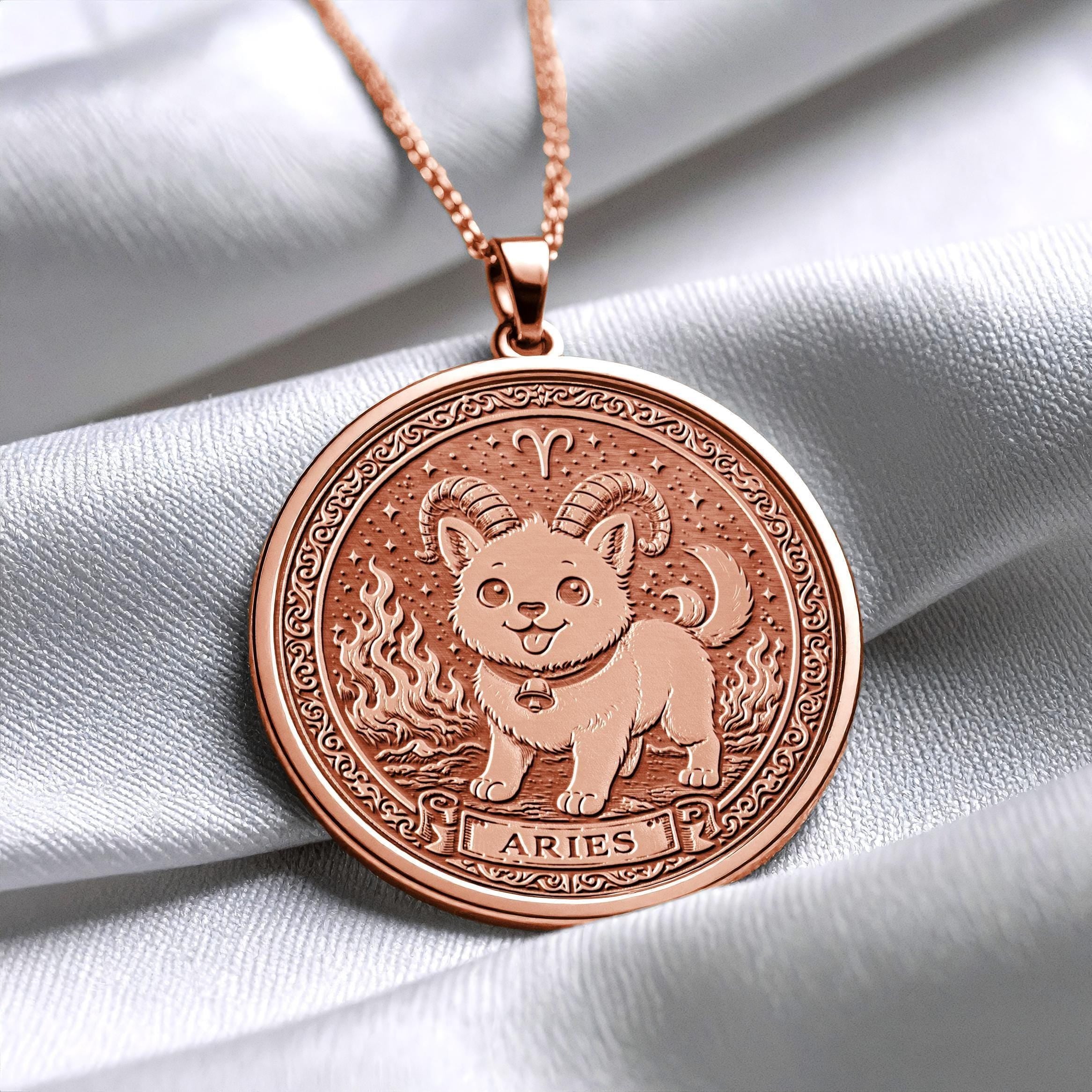 Aries Zodiac Pendant – Fire Sign Necklace with Dog -495