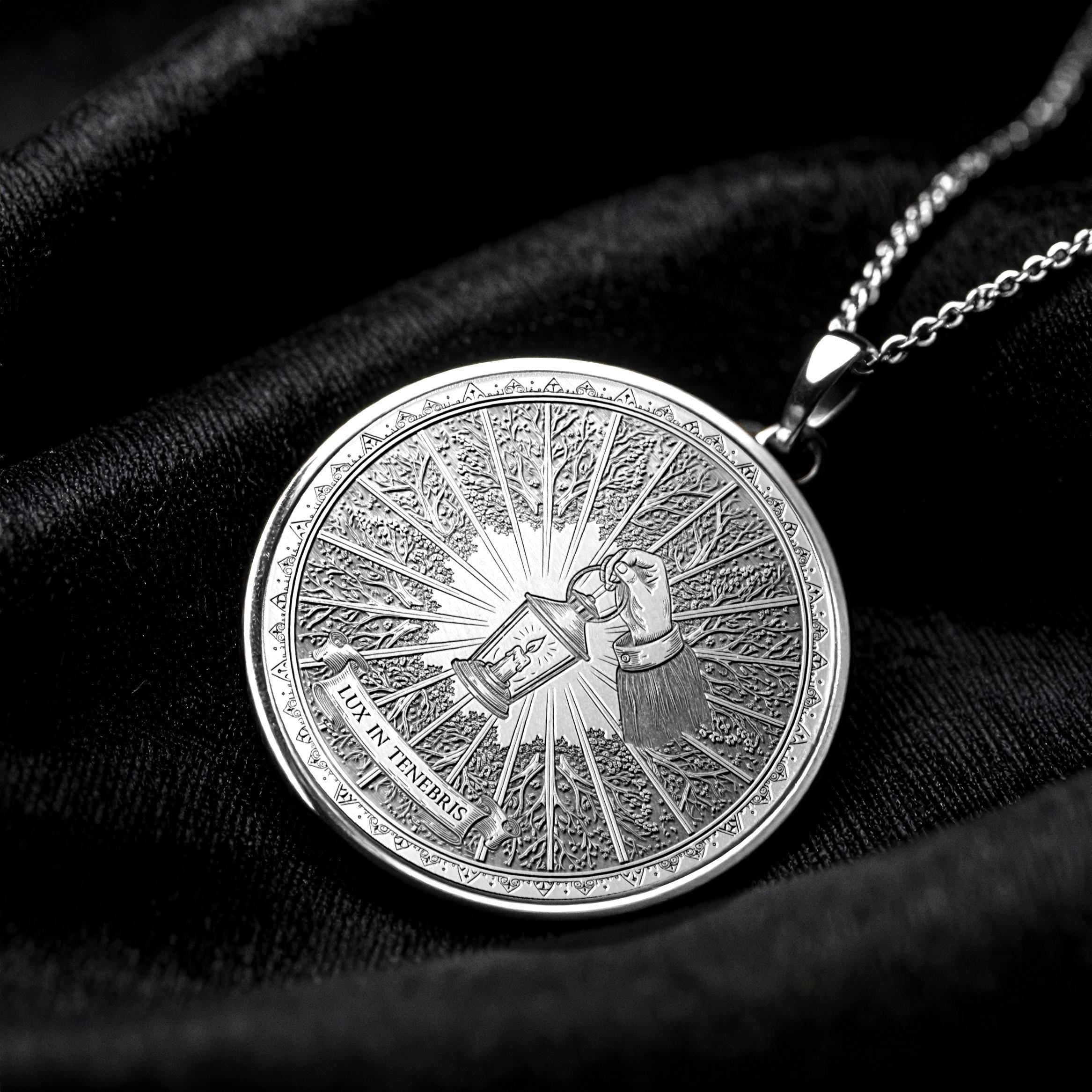 14k Solid Gold Lux in Tenebris Pendant, Stoic Latin Motto Jewelry -240