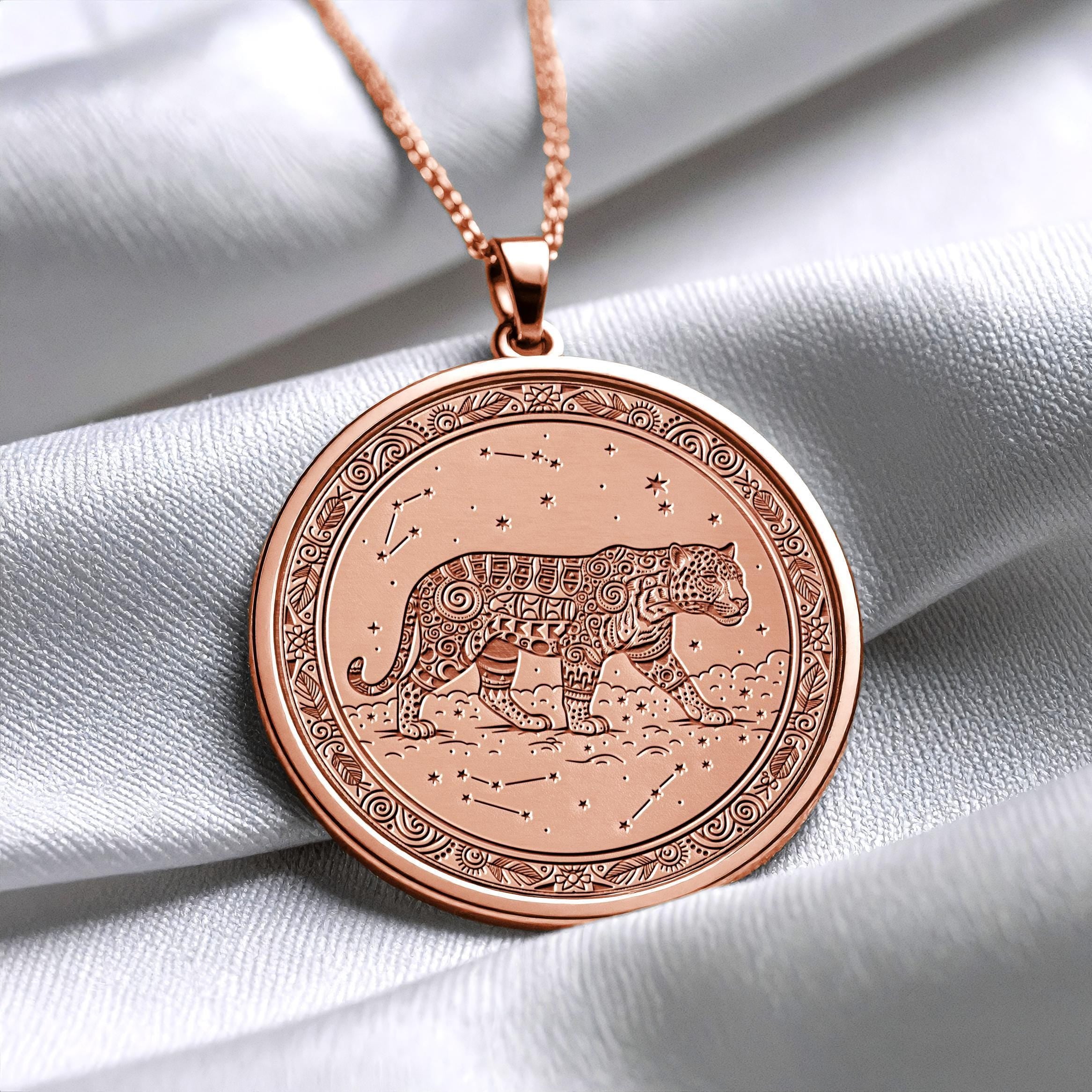 14K Gold Cosmic Jaguar Pendant: Celestial Spirit Necklace -286