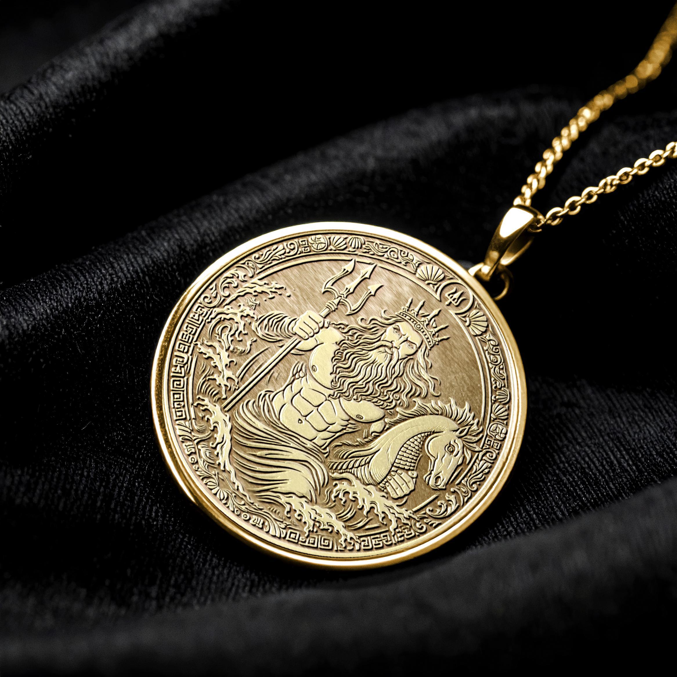 14K Solid Gold Poseidon Medallion Necklace: Greek God Ocean Talisman -59