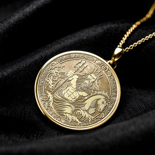 14K Solid Gold Poseidon Medallion Necklace: Greek God Ocean Talisman -59