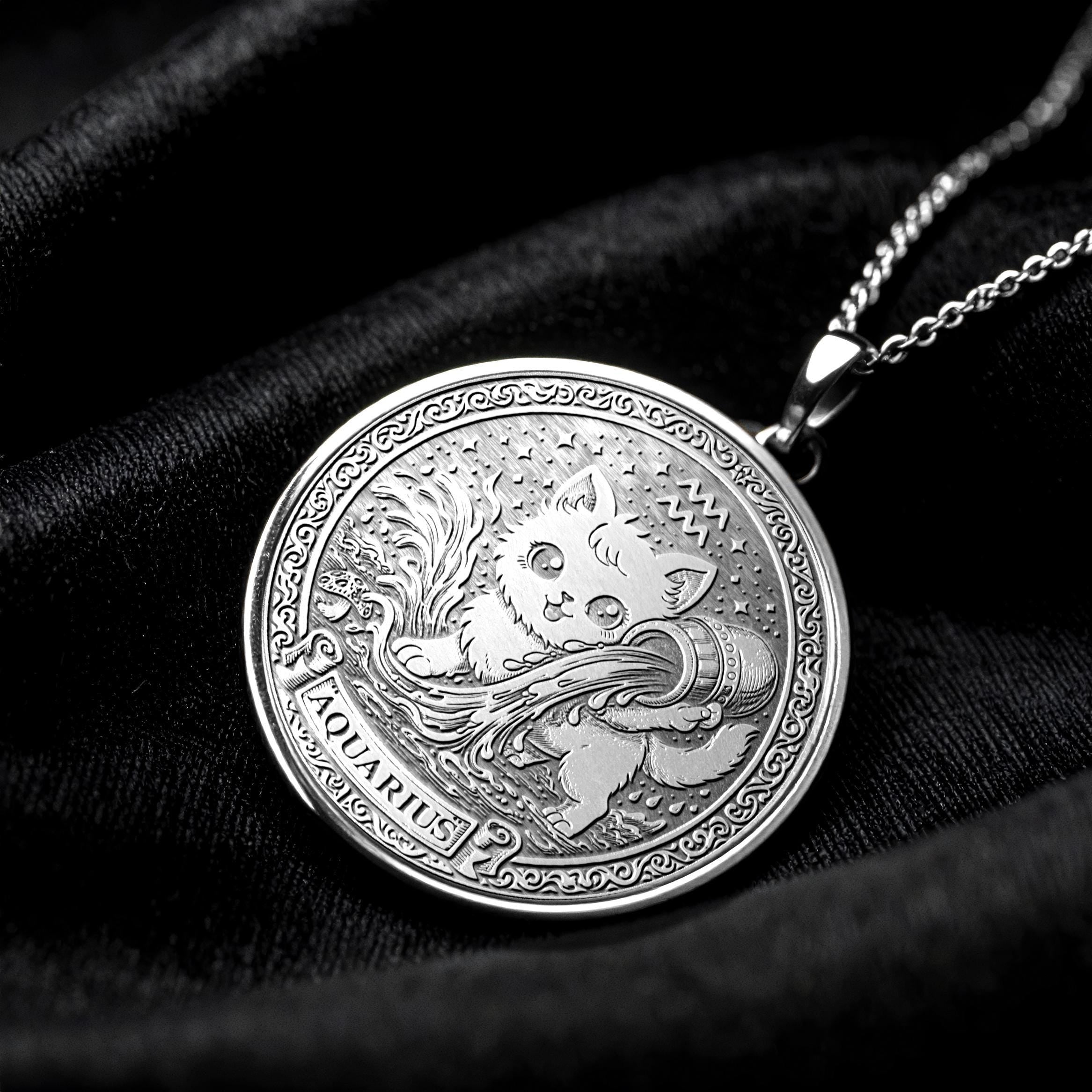 Aquarius Zodiac Cat Pendant Necklace – 14k Gold Plated, Handmade -493