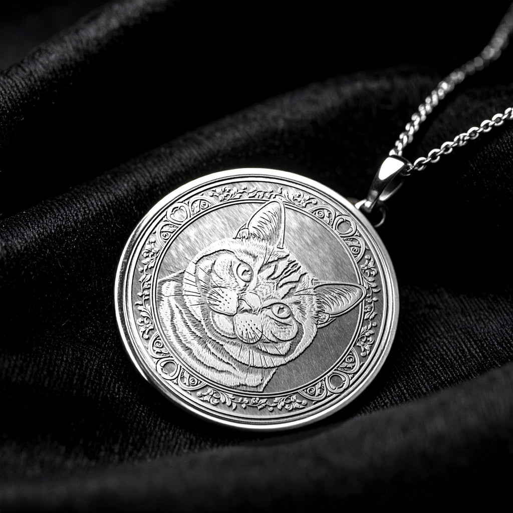 14K Gold British Shorthair Cat Necklace, Handmade Round Cat Coin Pendant -190