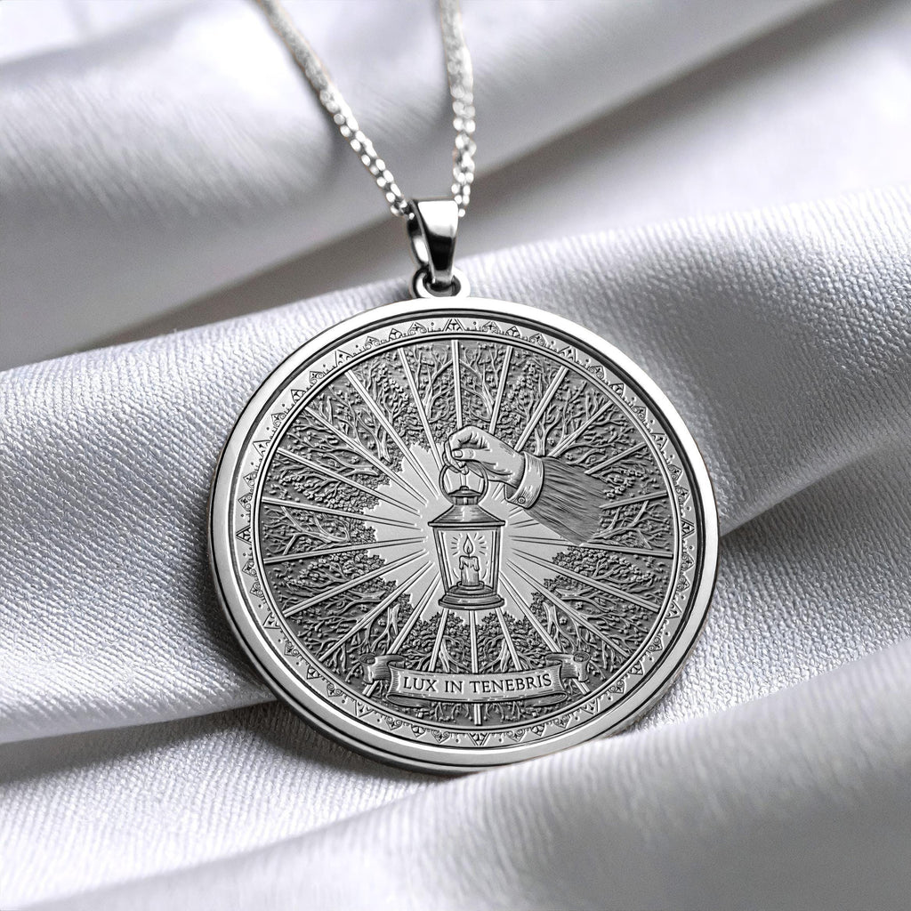 14k Solid Gold Lux in Tenebris Pendant, Stoic Latin Motto Jewelry -240