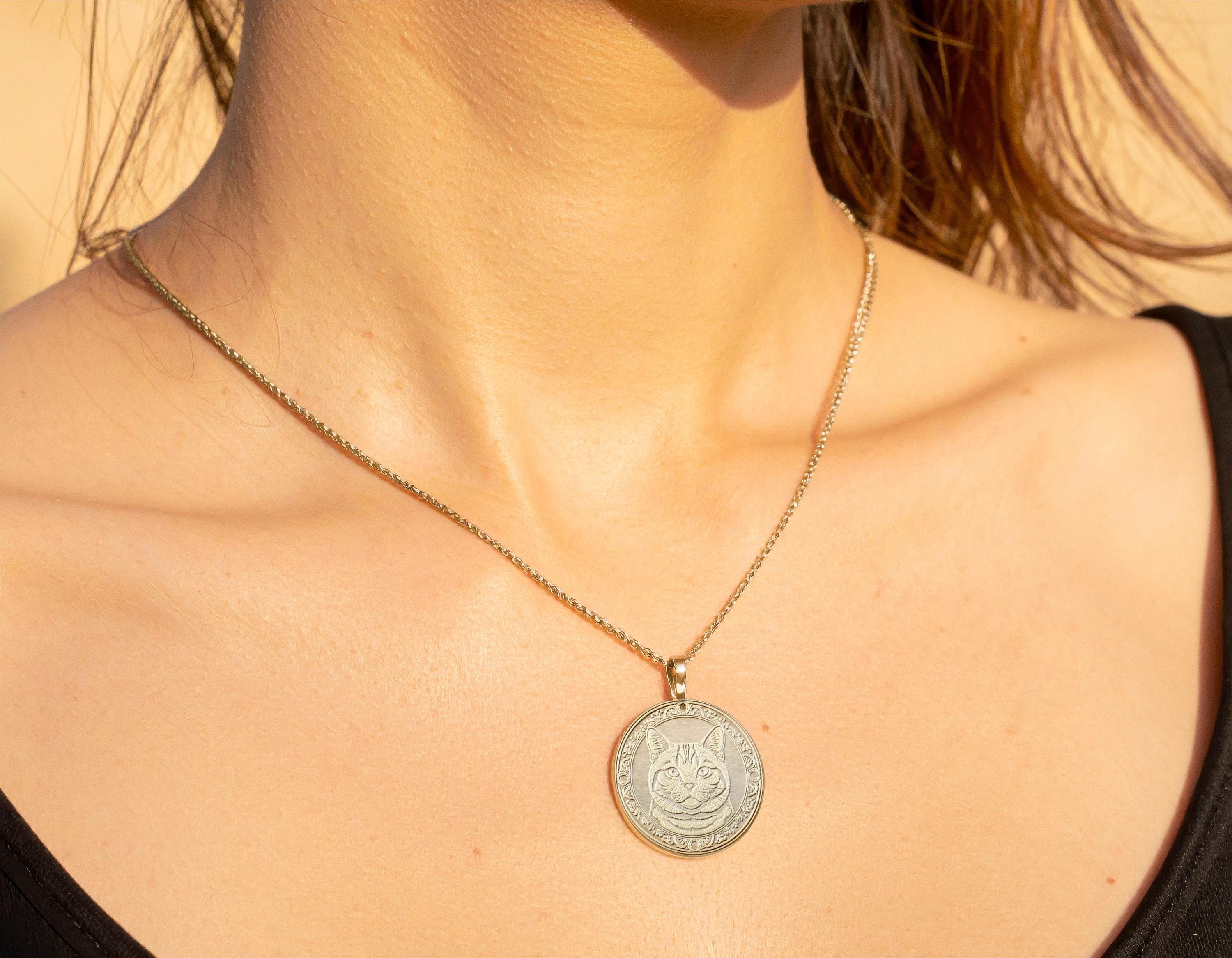 14K Gold British Shorthair Cat Necklace, Handmade Round Cat Coin Pendant -190