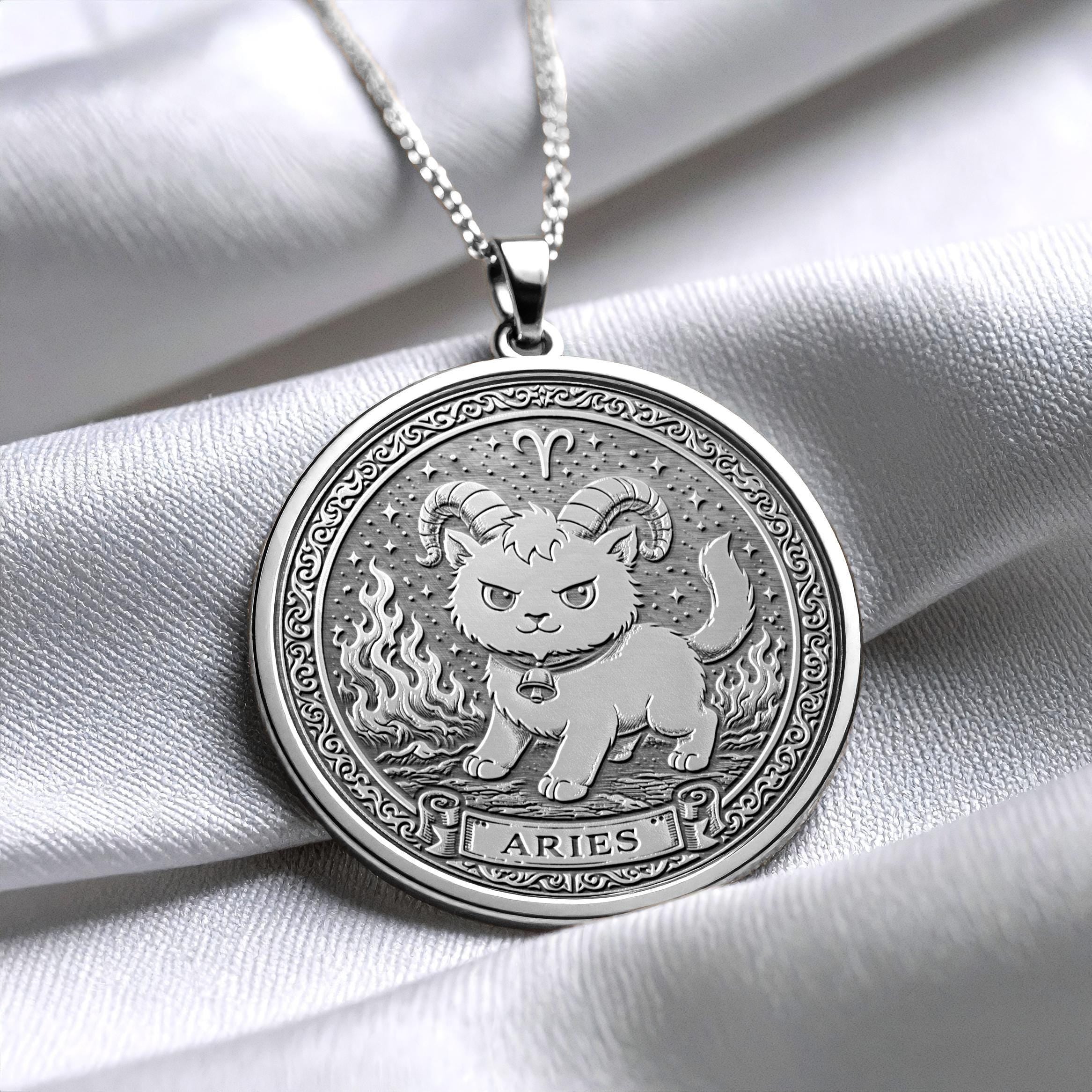 Aries Zodiac Cat Pendant Necklace - Sterling Silver, Gold Options -492