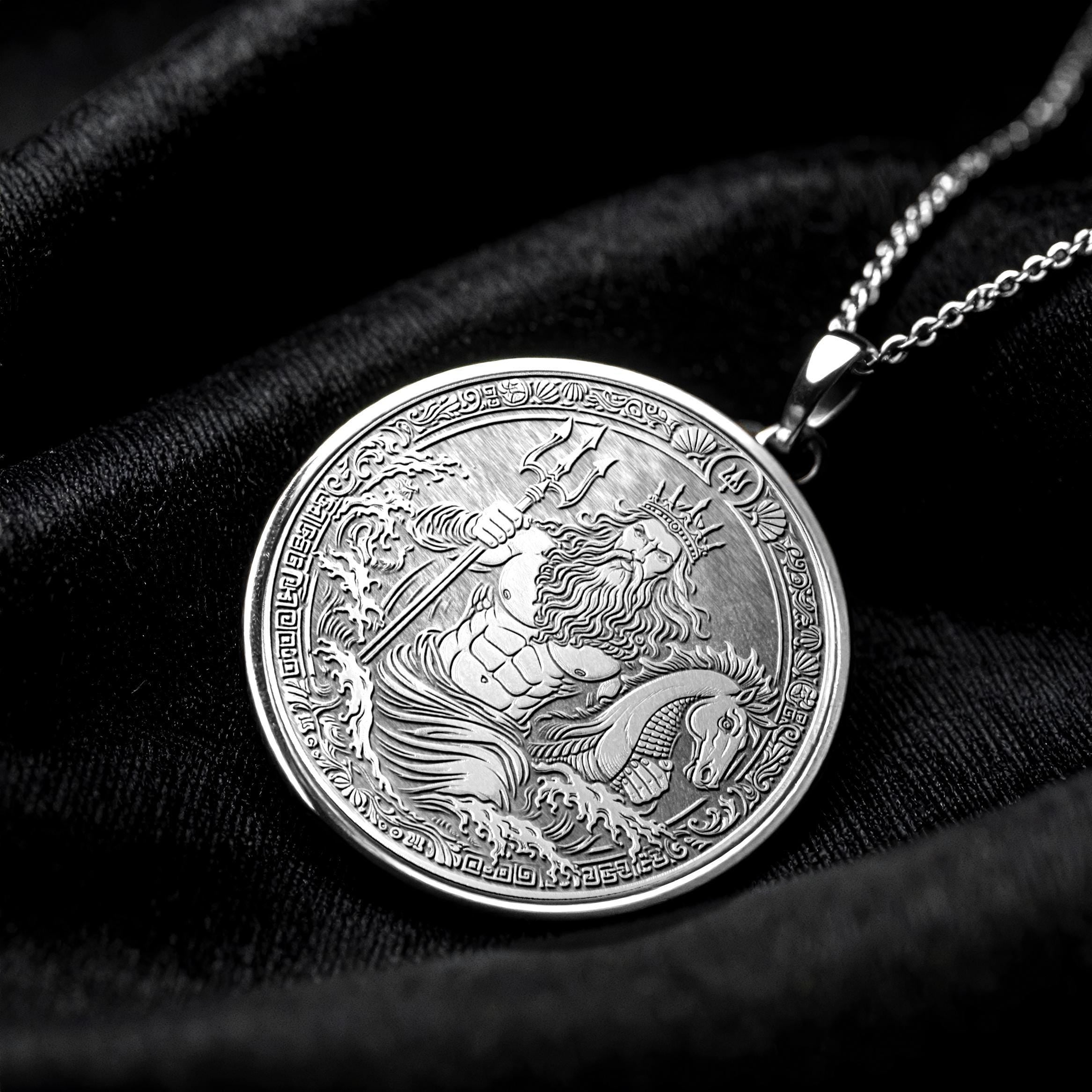 14K Solid Gold Poseidon Medallion Necklace: Greek God Ocean Talisman -59