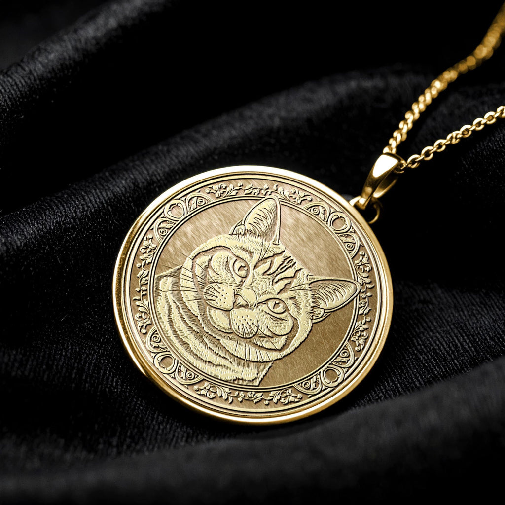 14K Gold British Shorthair Cat Necklace, Handmade Round Cat Coin Pendant -190